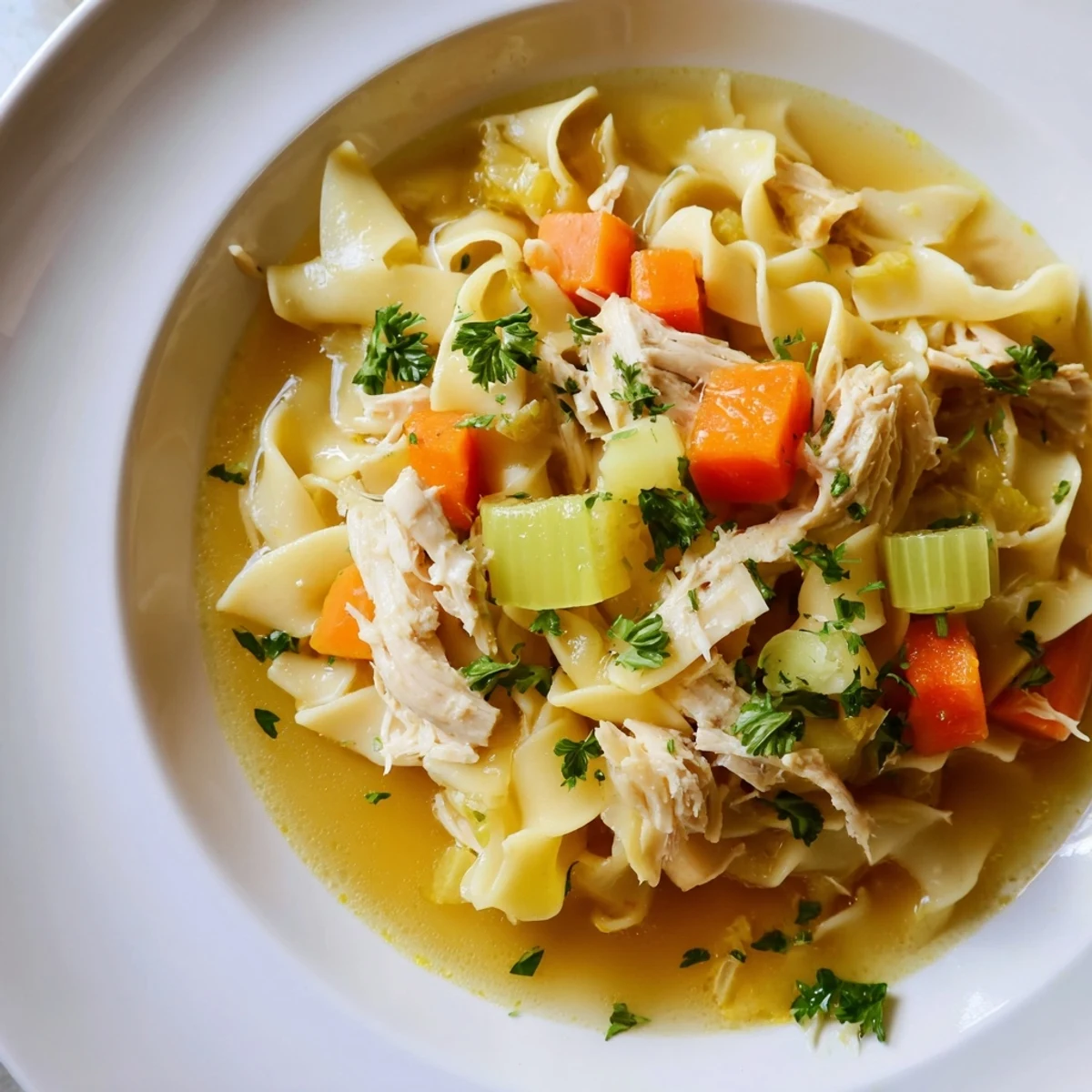 A steaming bowl of Cozy Chicken Noodle Soup with tender chicken and golden egg noodles.