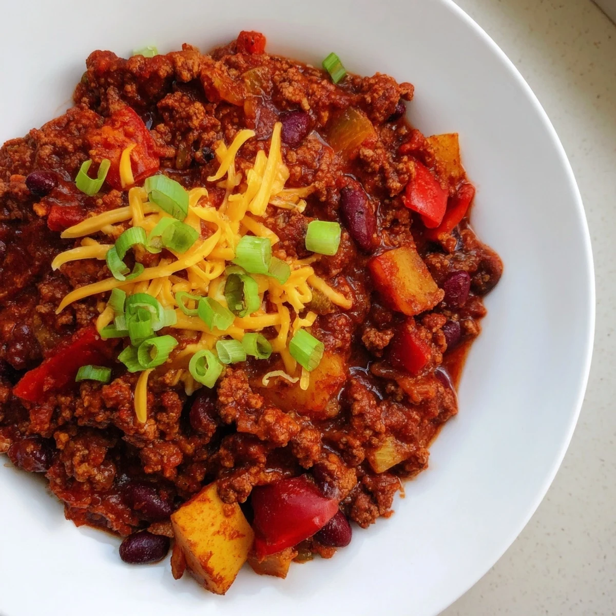 Deep, rich colors fill this photo of simple weeknight chili, ideal for a cozy dinner.