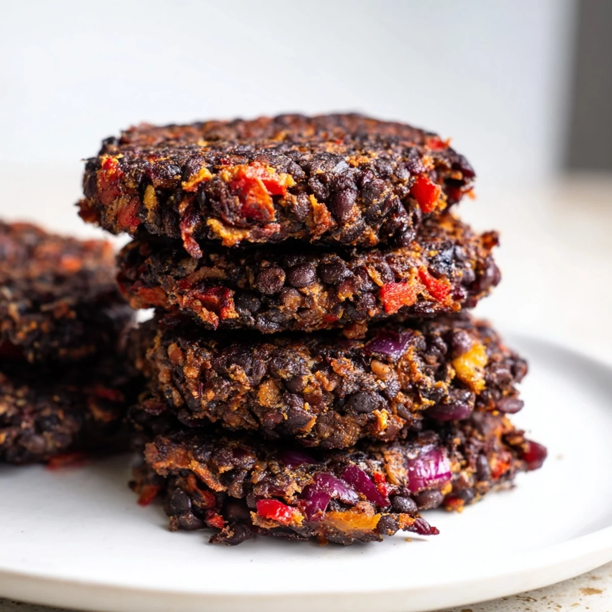 Golden, crispy Vegetarian Black Bean Burgers ready for serving, piled with fresh tomatoes and onions.