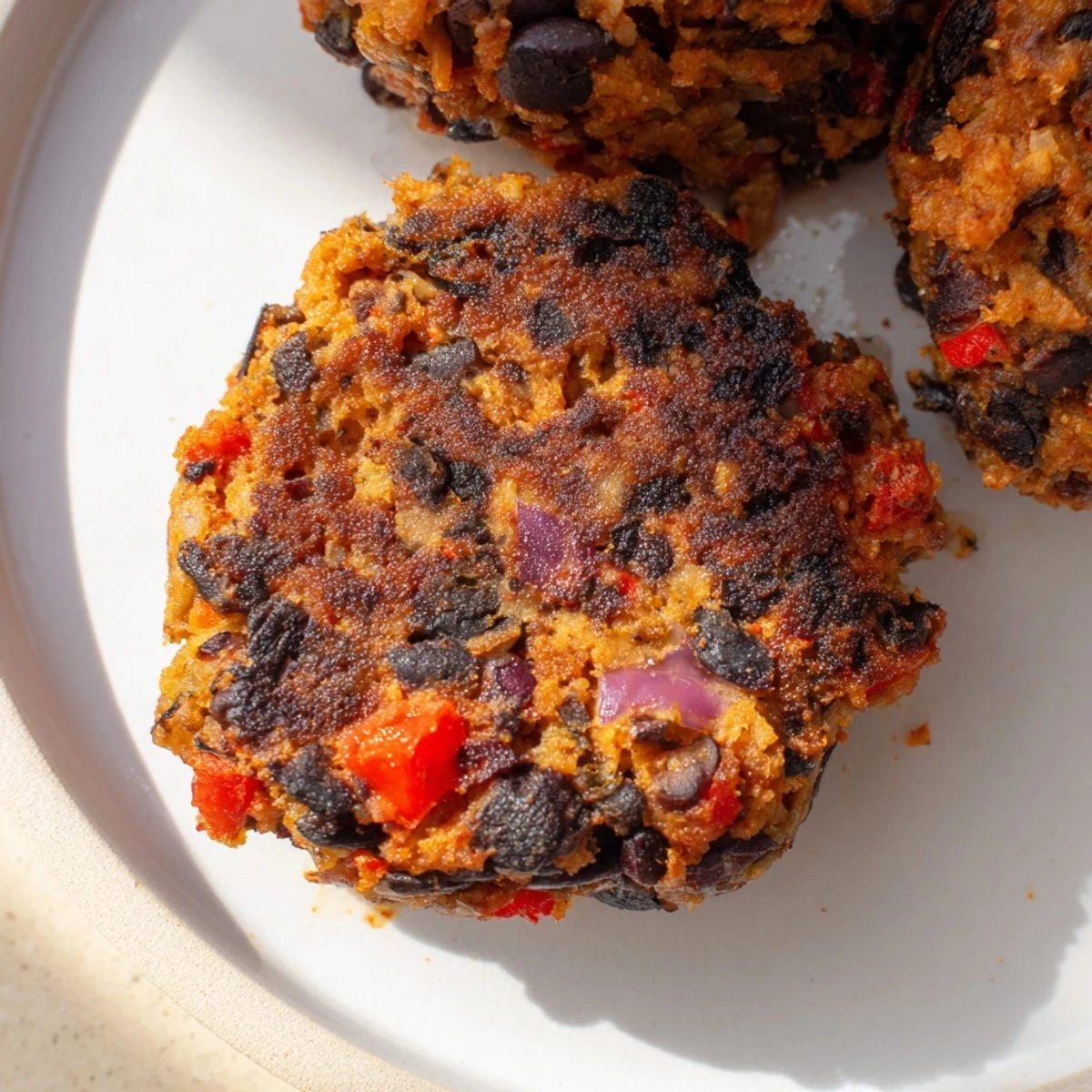 A delicious close-up of a sizzling Vegetarian Black Bean Burger, cooked to perfection in a skillet.