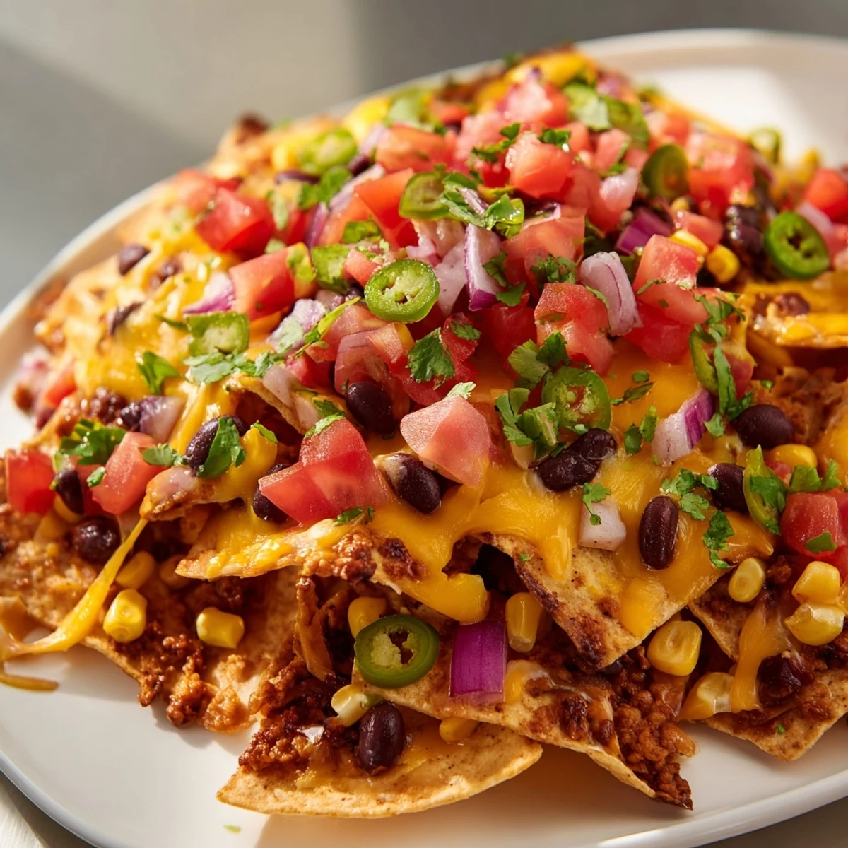 Golden, melted cheese blankets these loaded sheet pan nachos, ready to be devoured with sour cream.