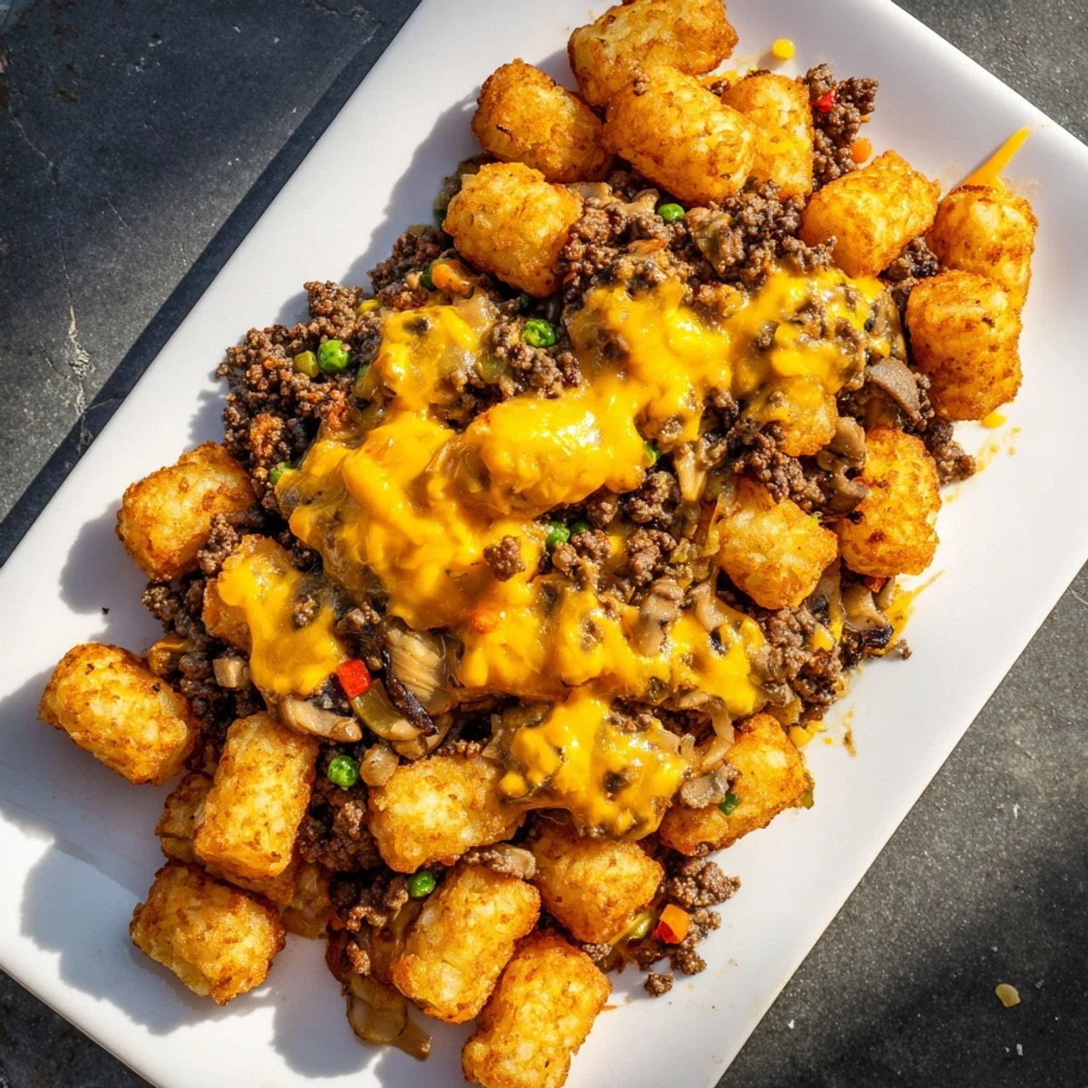 Golden, crispy tater tots crown a savory Family Favorite Tater Tot Casserole bubbling with cheesy goodness.