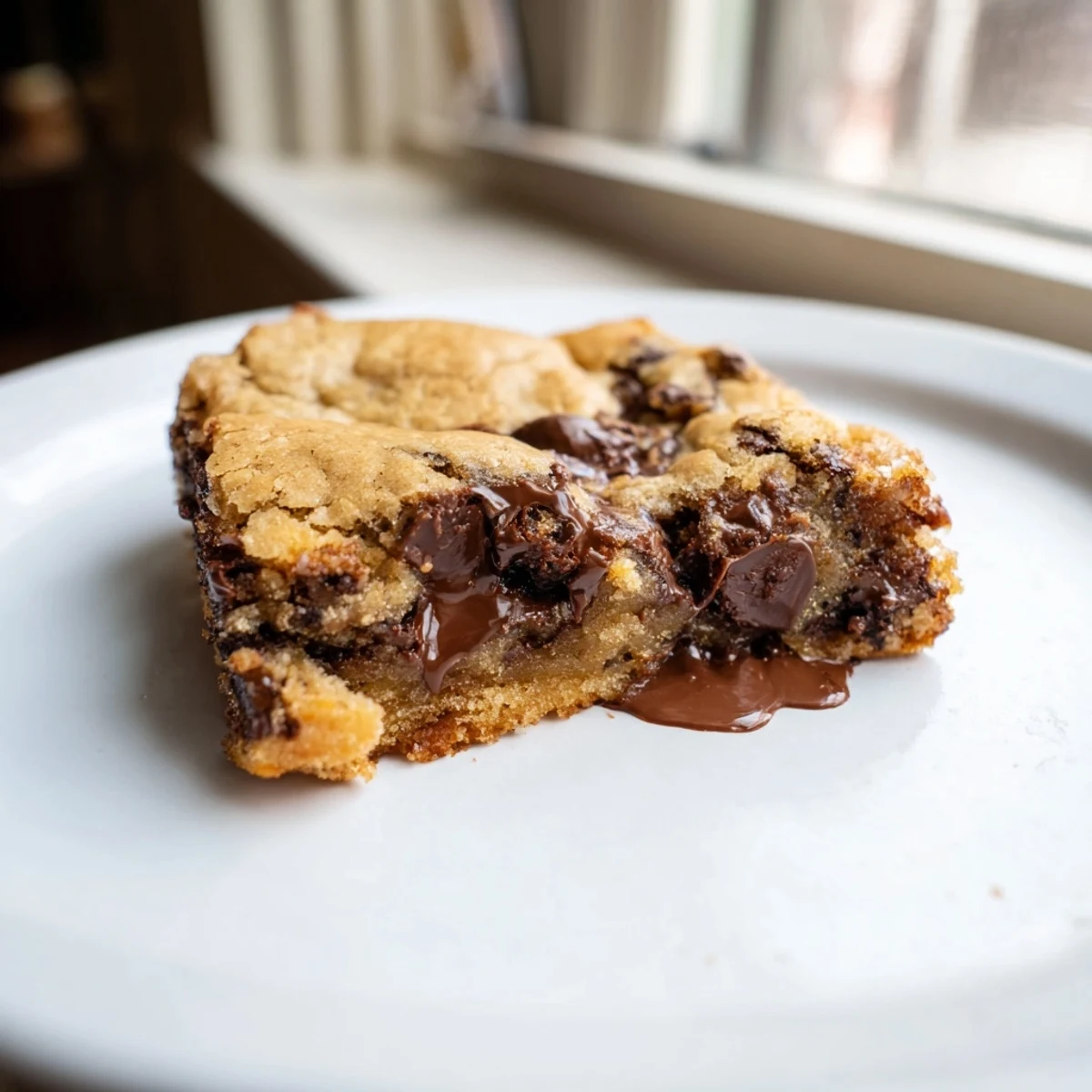 Close-up of The Ultimate Gooey Chocolate Chip Cookie Bars, filled with chocolate chips, ideal for sharing.