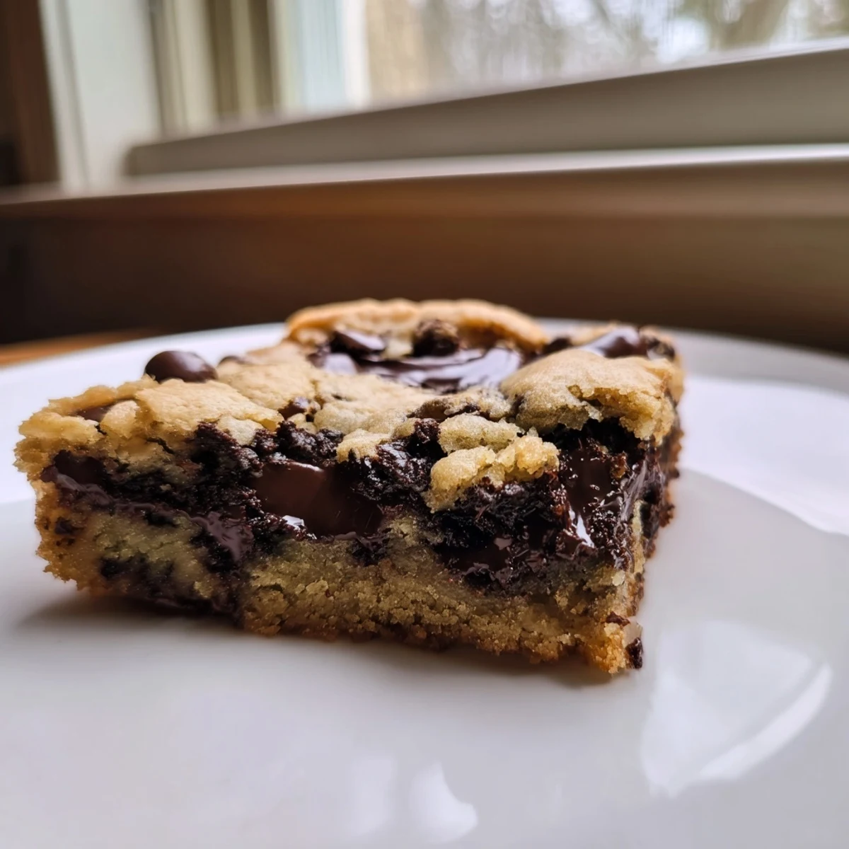 Warm, gooey The Ultimate Gooey Chocolate Chip Cookie Bars, fresh from the oven, with melting chocolate.