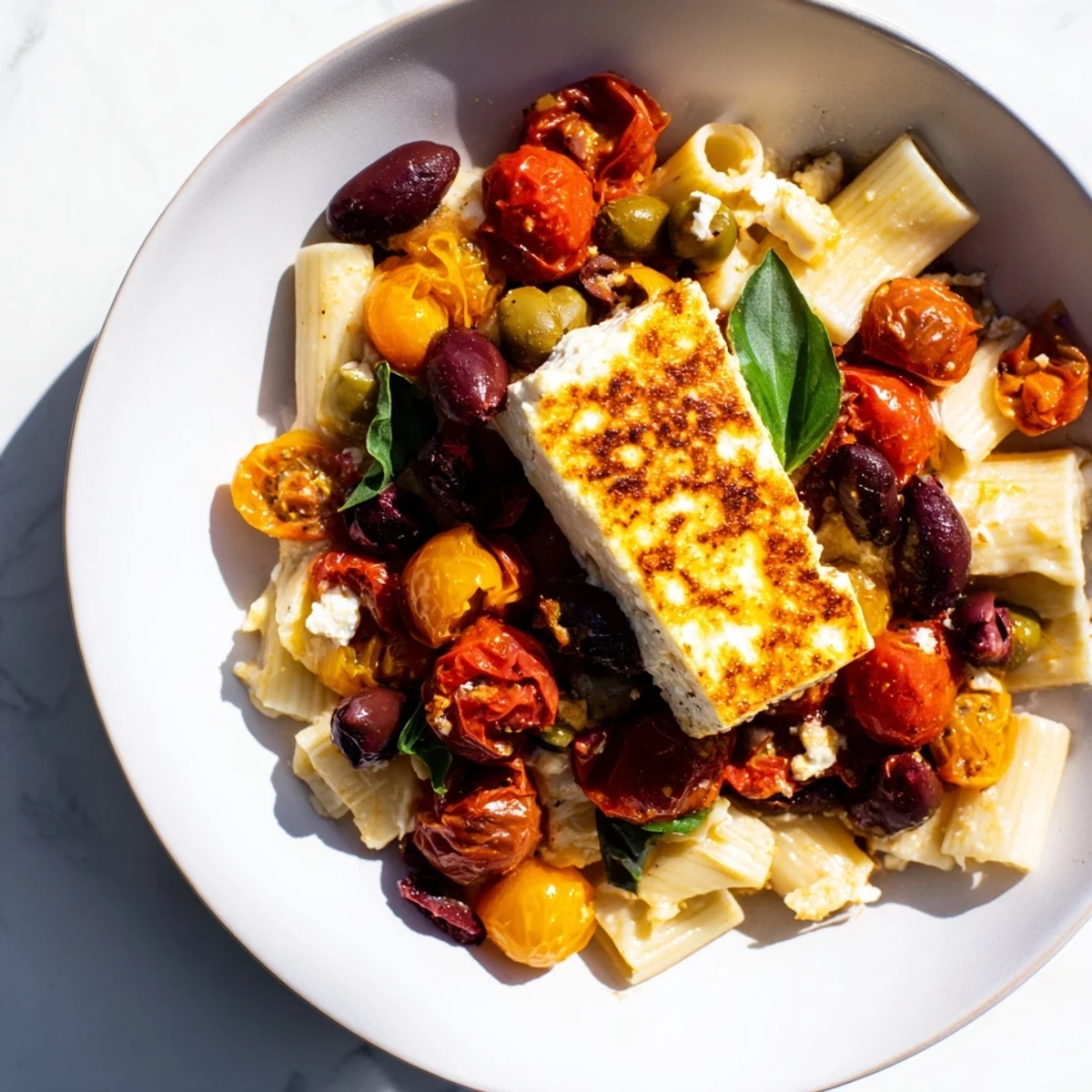 Creamy Baked Feta Pasta, bursting with juicy tomatoes and olives, ready to serve, fragrant basil.
