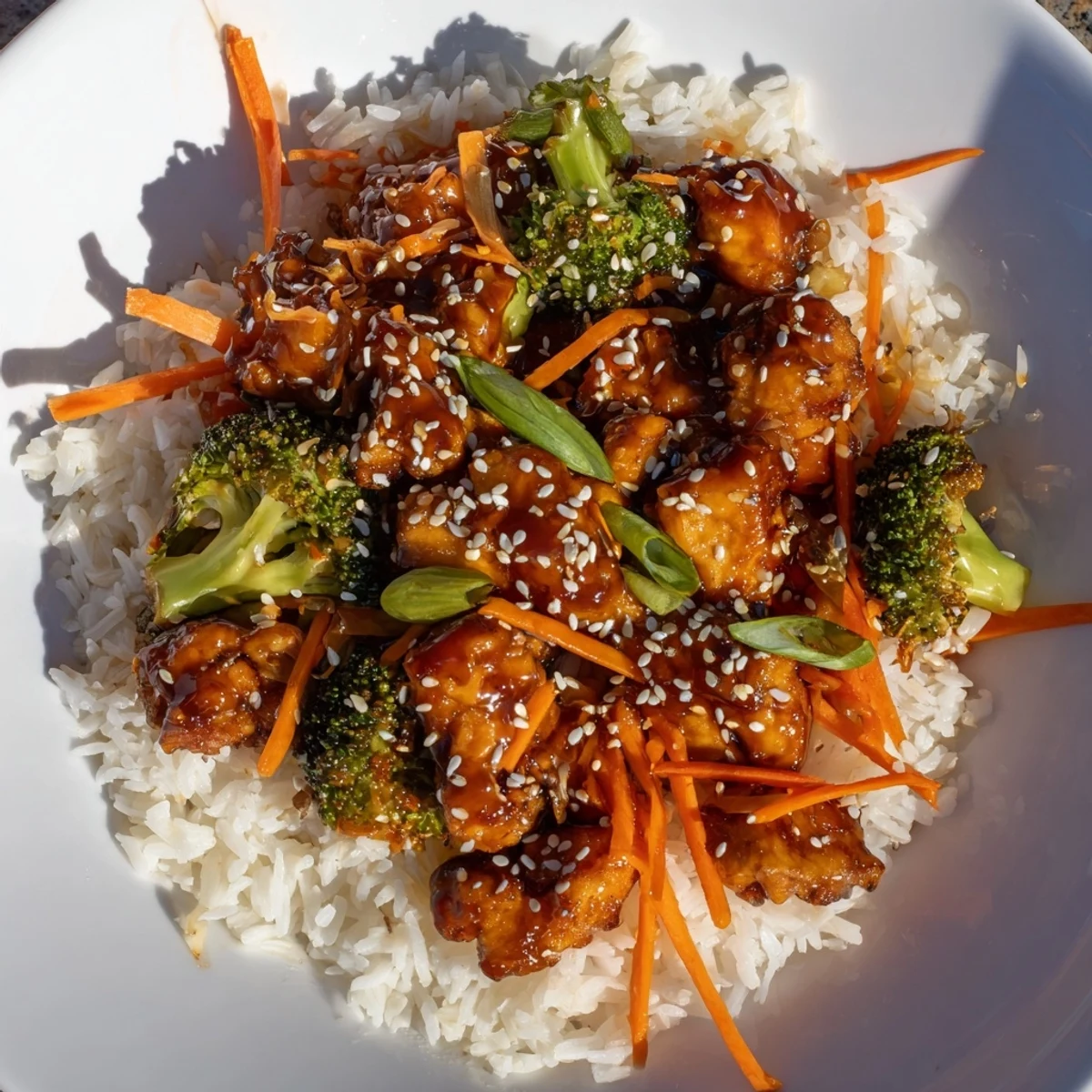 Easy 20-Minute Chicken Teriyaki Bowls: A close-up of glistening chicken and vibrant veggies over fluffy rice.