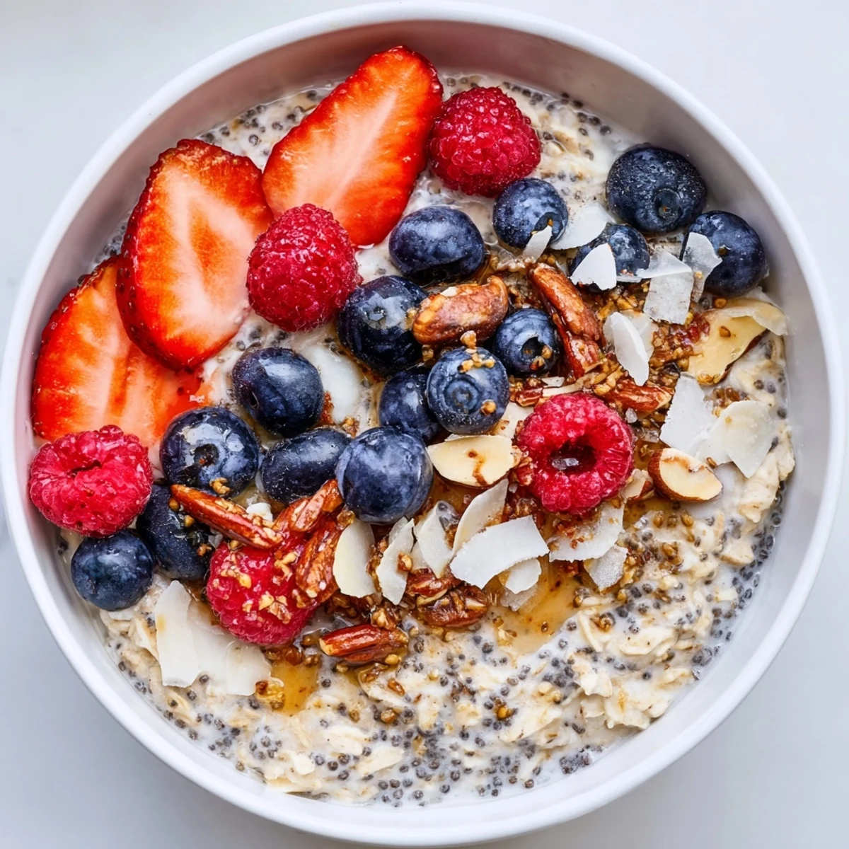 Creamy overnight oats with berries and chia seeds, a colorful breakfast jar ready to eat.
