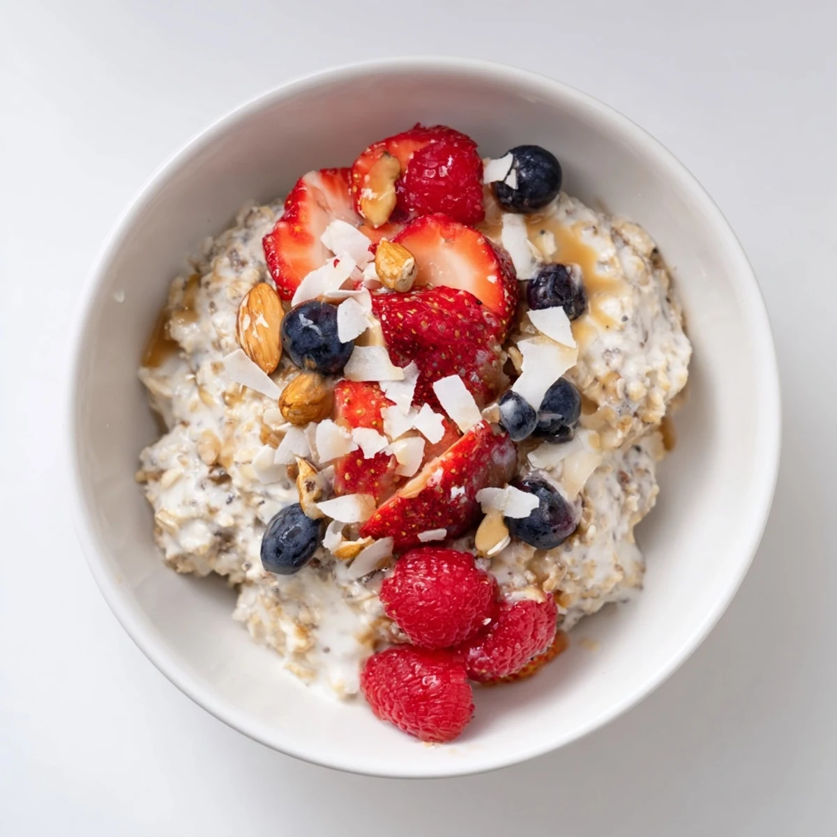 Enjoy a layered jar of overnight oats with berries and seeds, perfect for a grab-and-go breakfast.