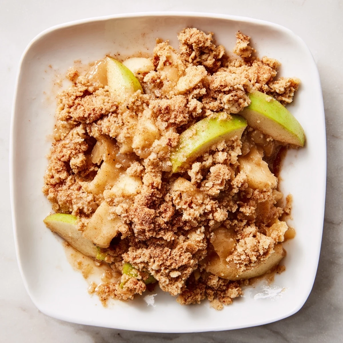 Golden Rustic Apple and Cinnamon Crumb Bake, bubbly from the oven, ready for serving with ice cream.
