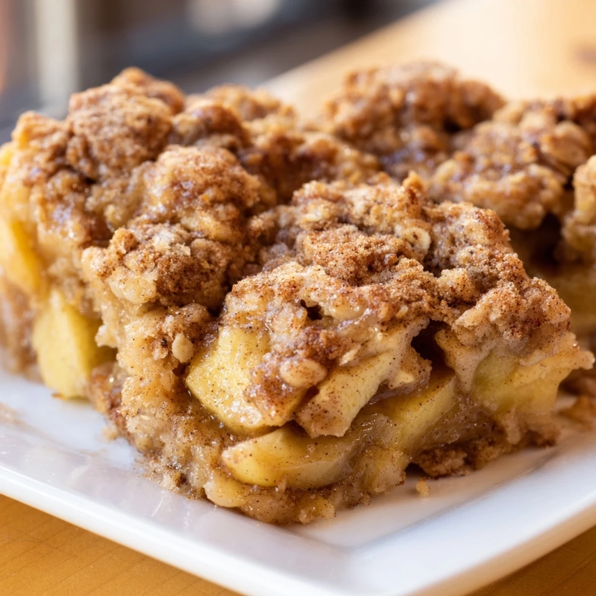 A close-up of the delicious Rustic Apple and Cinnamon Crumb Bake, showing a crumbly, cinnamon-kissed topping.