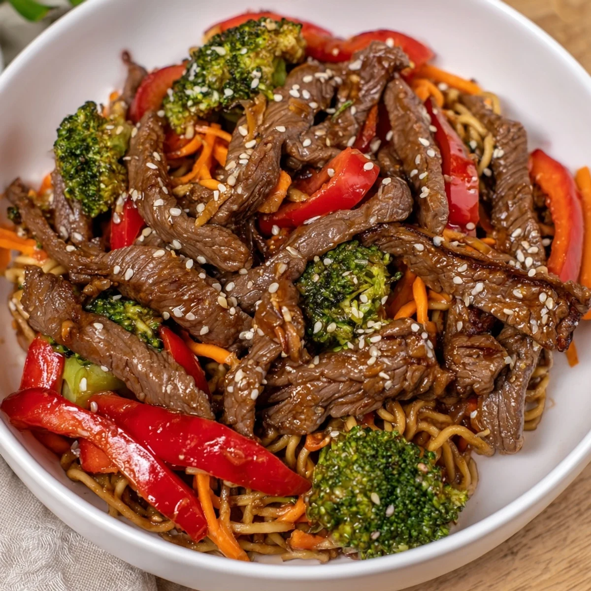A close-up view of the delicious Easy Beef Stir-Fry with Lo Mein Noodles, perfect for a quick dinner.