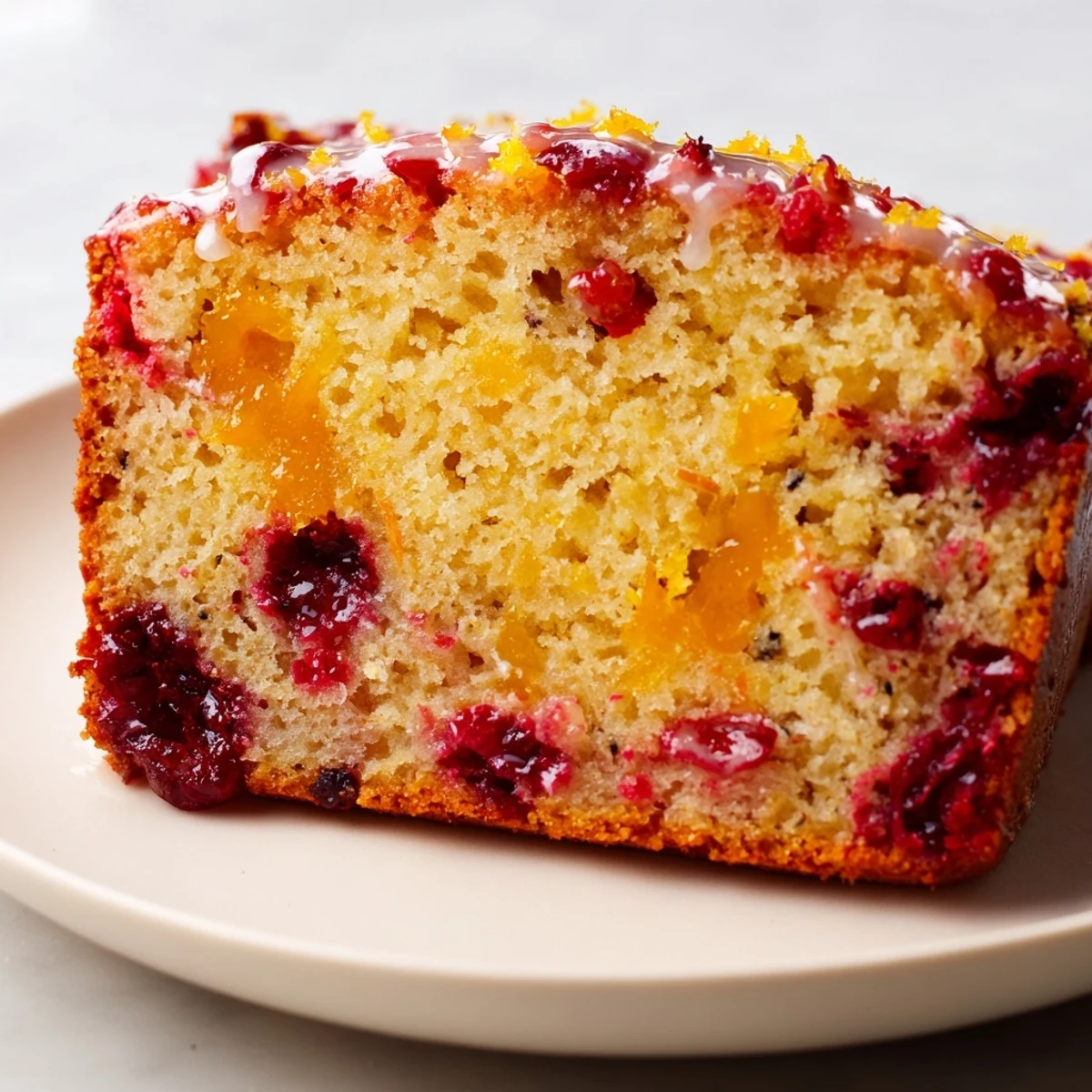 Golden slice of Seasonal Cranberry and Orange Bread, moist inside, ready for a warm breakfast.