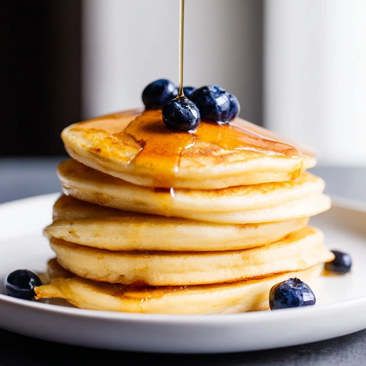 Light and fluffy ricotta pancakes, golden brown, served with fresh berries and maple syrup.