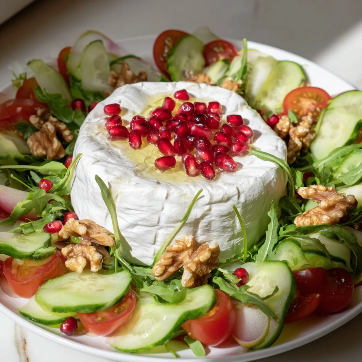Fresh, vibrant Zenith Point salad featuring a soft cheese wheel, ready for serving and enjoyment.