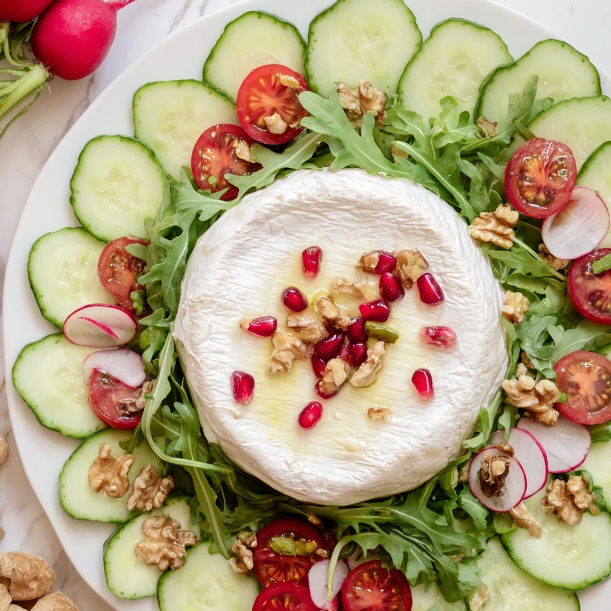 Magnificent Zenith Point salad with radiating fresh produce and a rich, creamy cheese centerpiece.