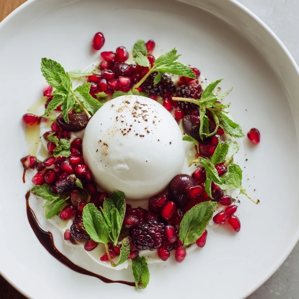 Moonlit Lagoon salad: vibrant blueberries and grapes surround creamy burrata, drizzled with sweet balsamic glaze.