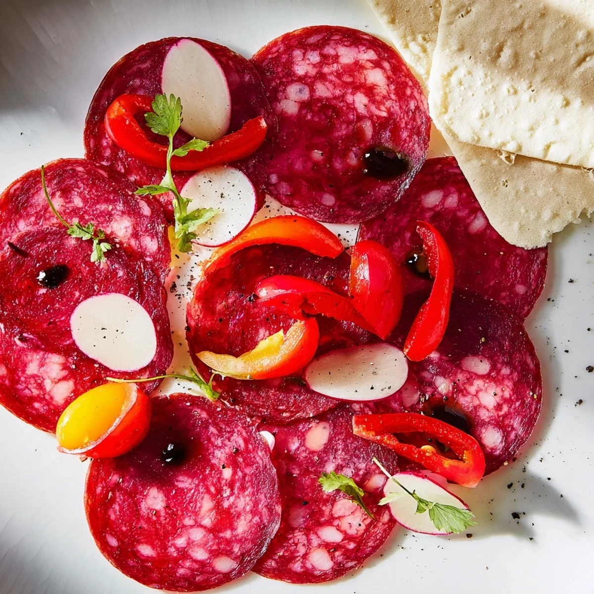 The Crimson Tide appetizer: Spicy chorizo, sweet cherries, and red peppers on crispy white crackers.