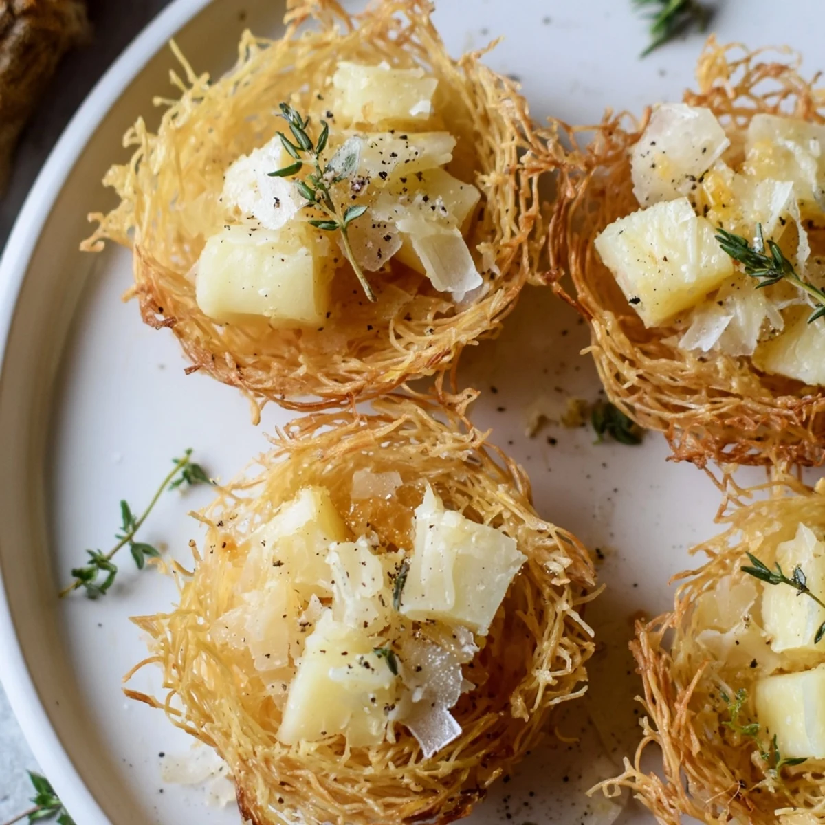 Beautifully arranged photo: golden phyllo nests crowned with chunks of The Rustic Barnyard cheeses.