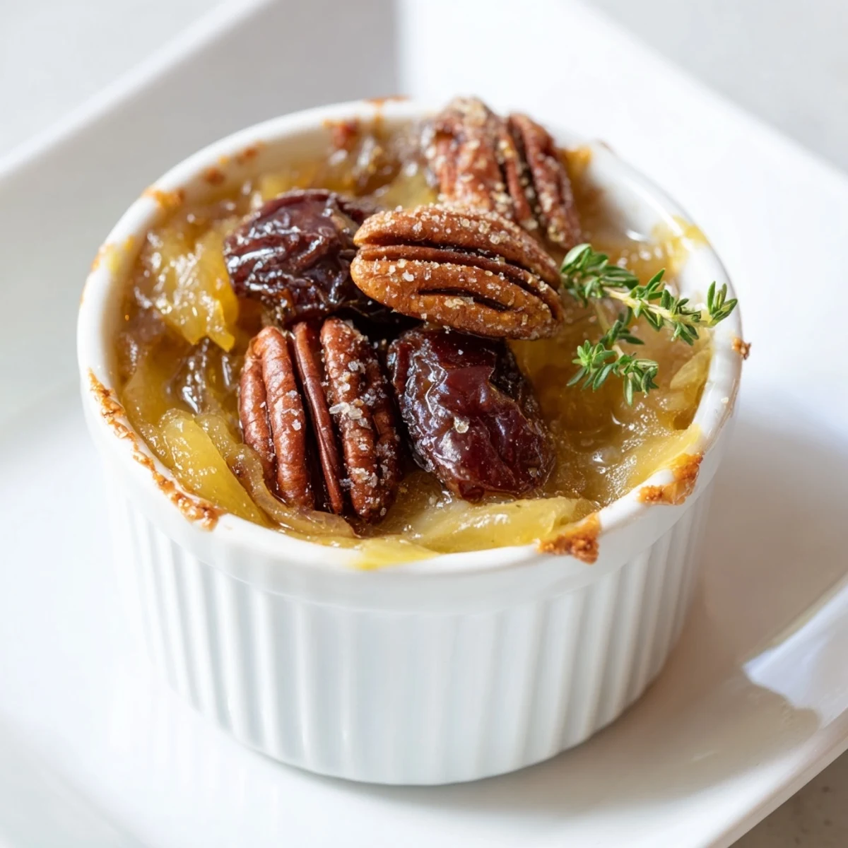 Warm Copper Kettle appetizer with caramelized onions, pecans, and dates, ready to serve and enjoy.