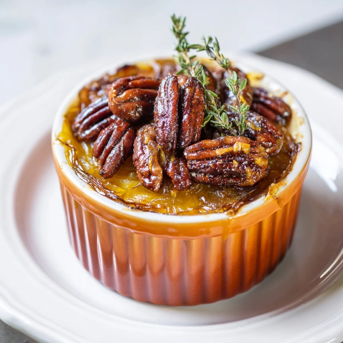 A close-up shot of a Copper Kettle appetizer, featuring toasted pecans and sweet date filling on top.