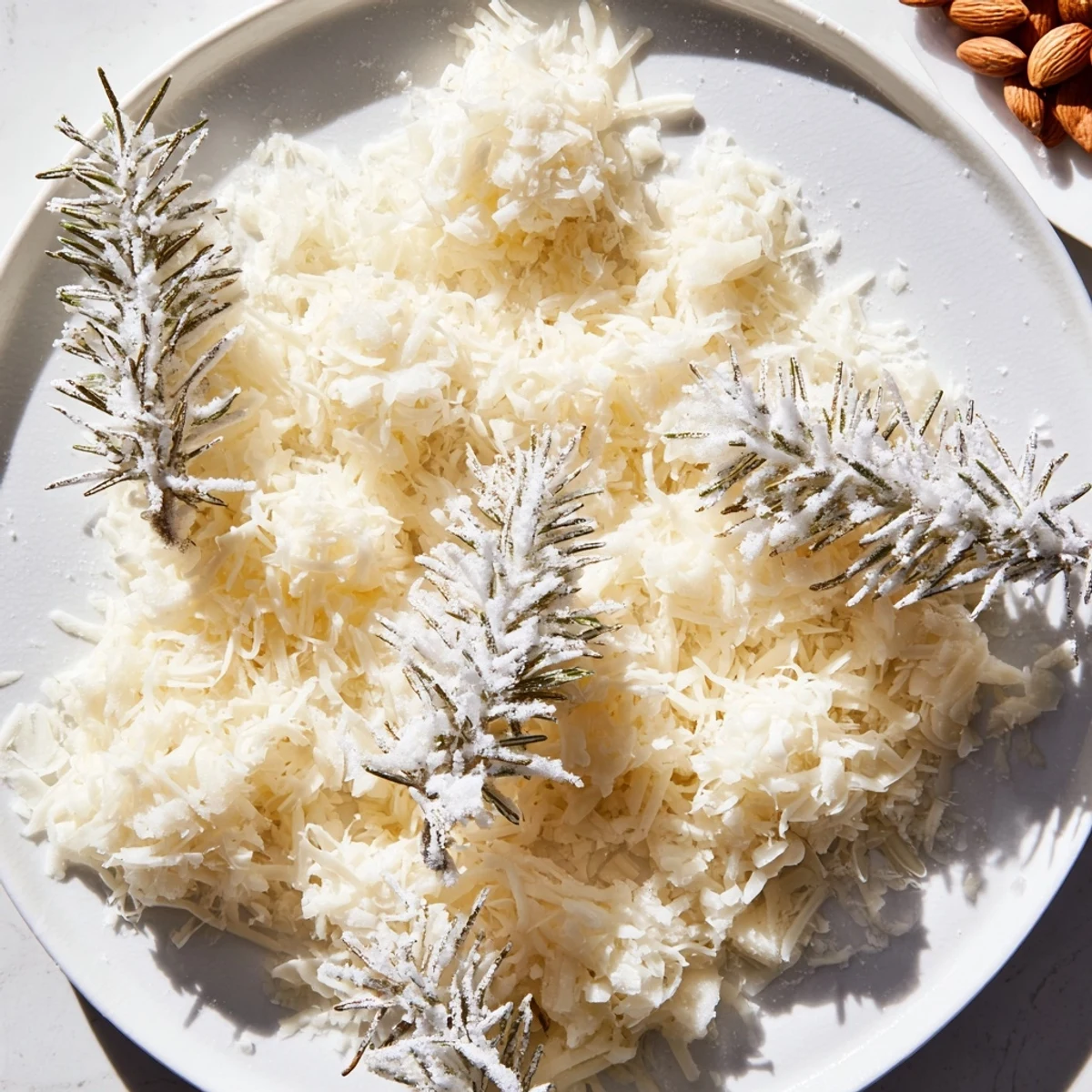 This The Frosted Pine appetizer presents sugared rosemary and almond pinecones across a snowy cheese board.