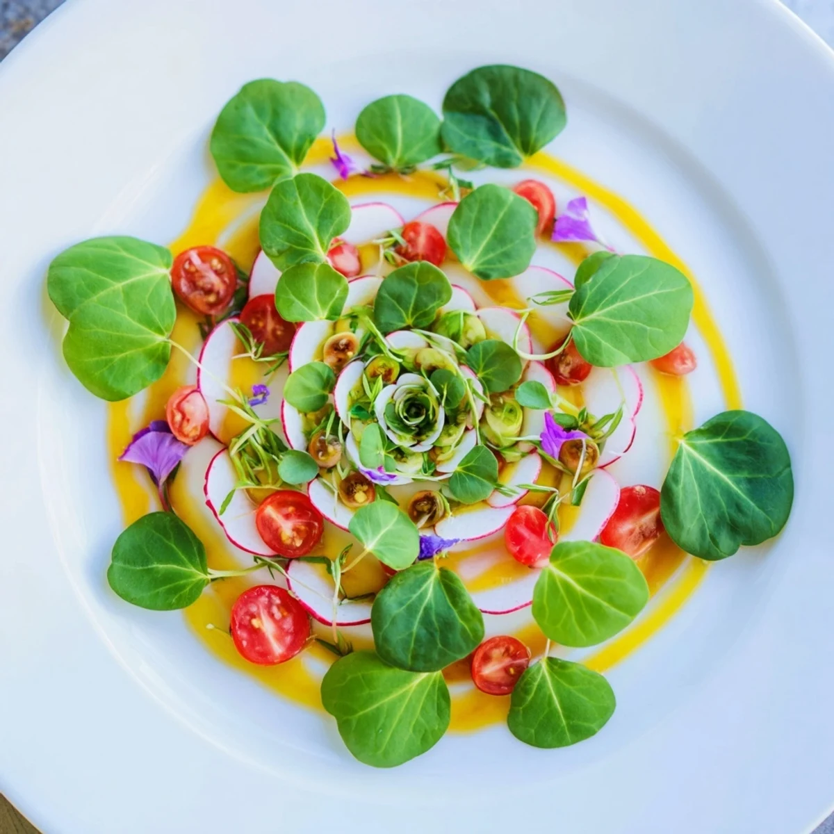 Fibonacci Fan Salad: A vibrant vegetarian salad with fresh greens and creamy avocado, ready to serve.