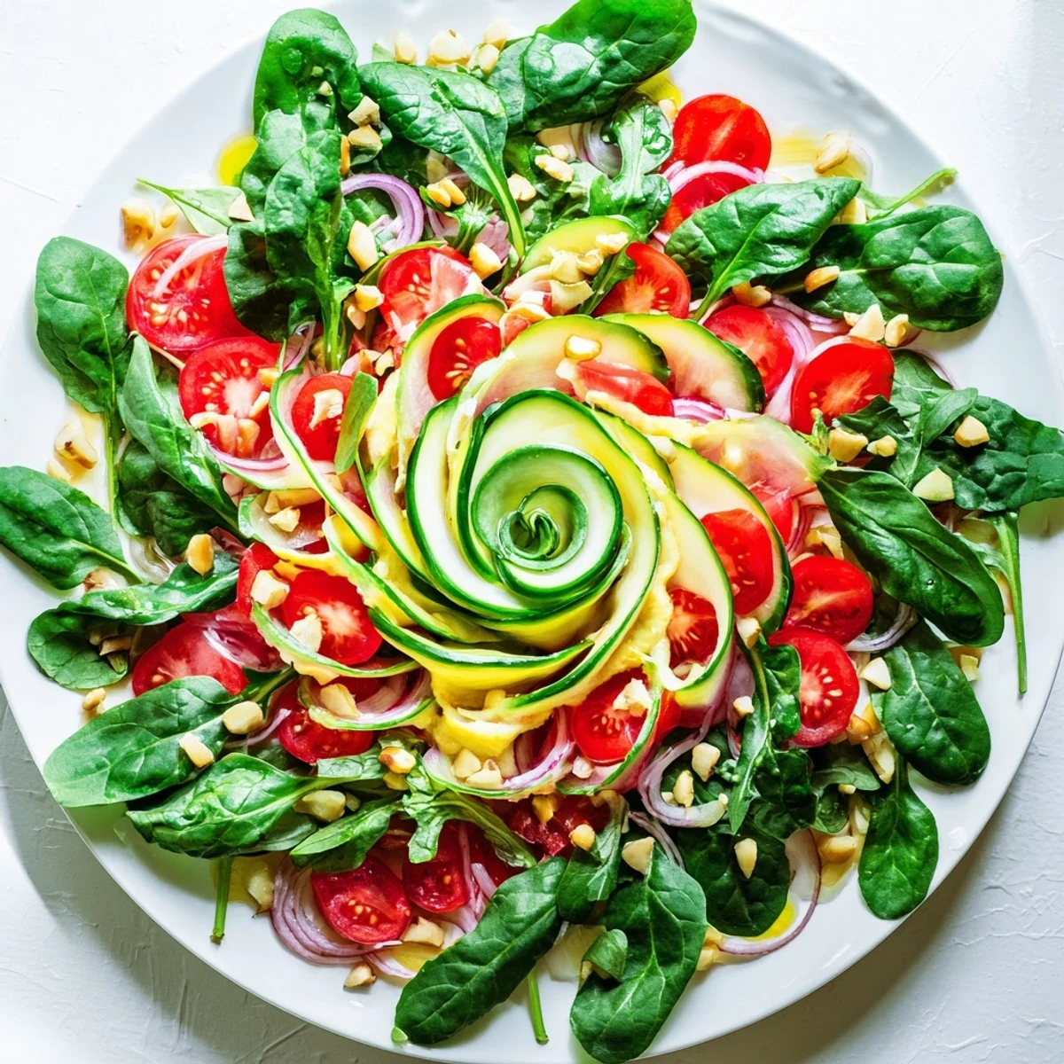 The beautiful Fibonacci Fan Salad features colorful tomatoes and a zesty lemon dressing, perfect for lunch.