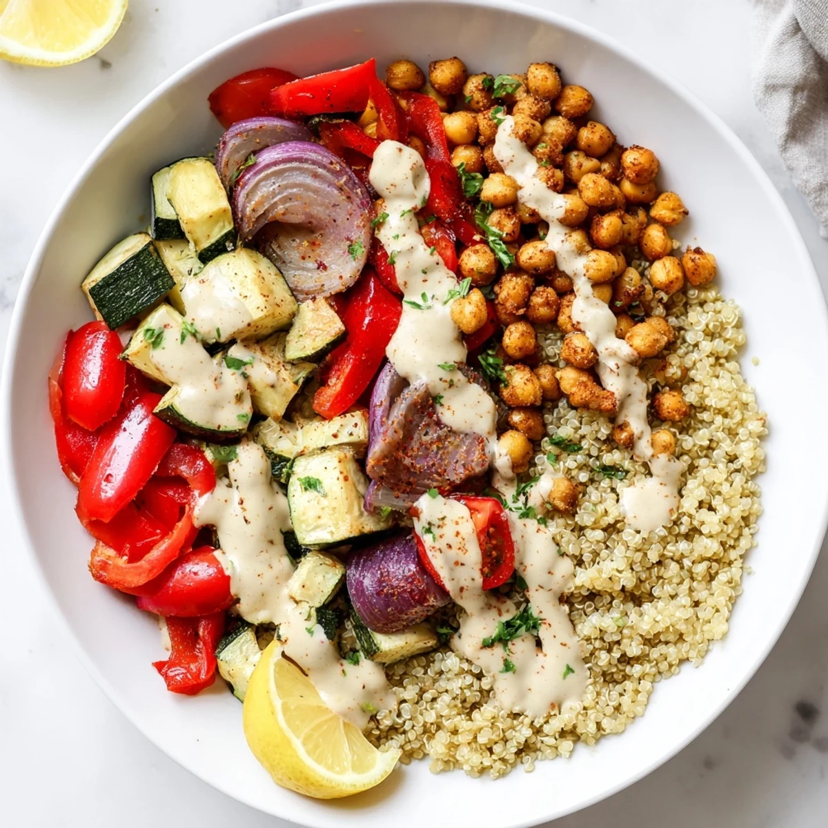 Mediterranean Chickpea and Veggie Grain Bowl topped with fresh parsley, feta, and a bright lemon wedge.