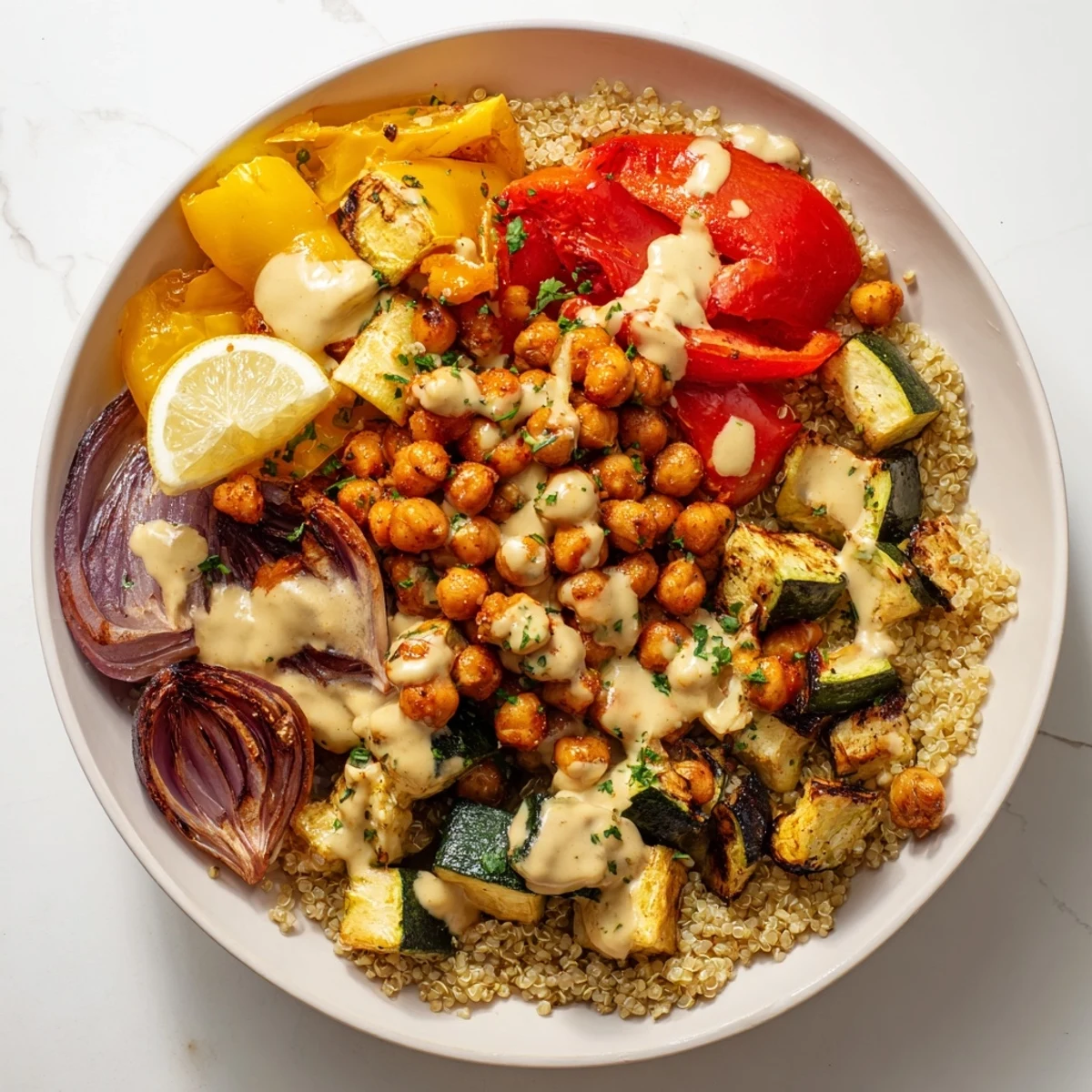 Image of a healthy, colorful Mediterranean Chickpea and Veggie Grain Bowl, offering a delicious vegetarian lunch option.