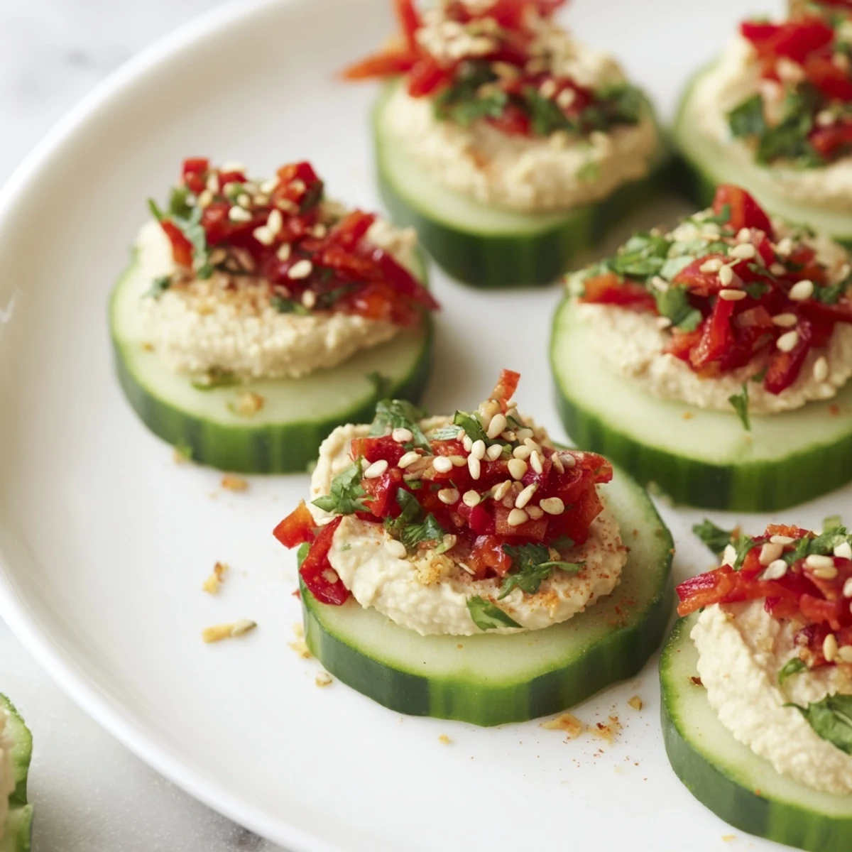 Quick Hummus and Cucumber Bites: cool cucumber rounds topped with creamy hummus, ready to eat.