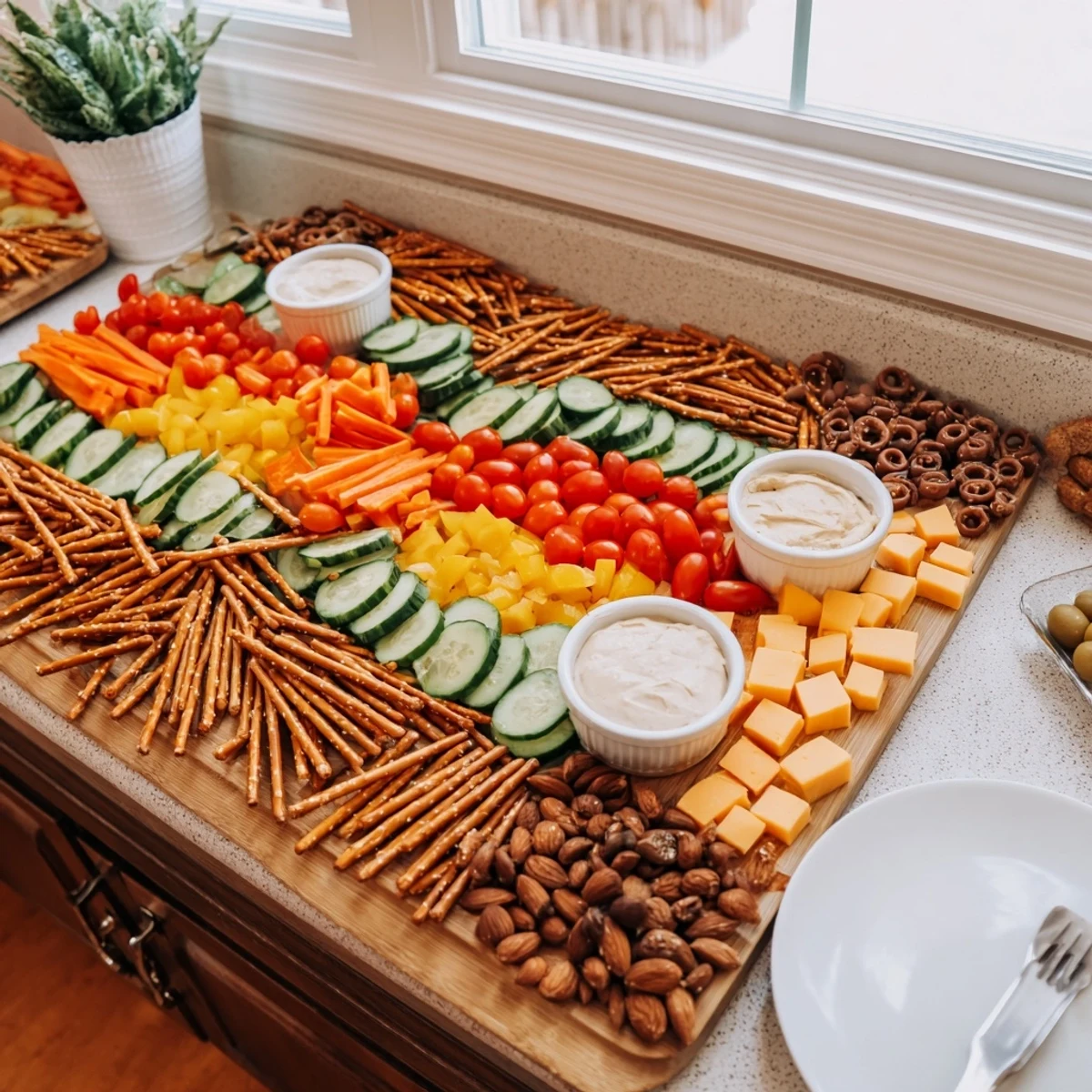 A visually appealing Urban Grid snack platter featuring colorful cheeses, veggies, and savory bites.