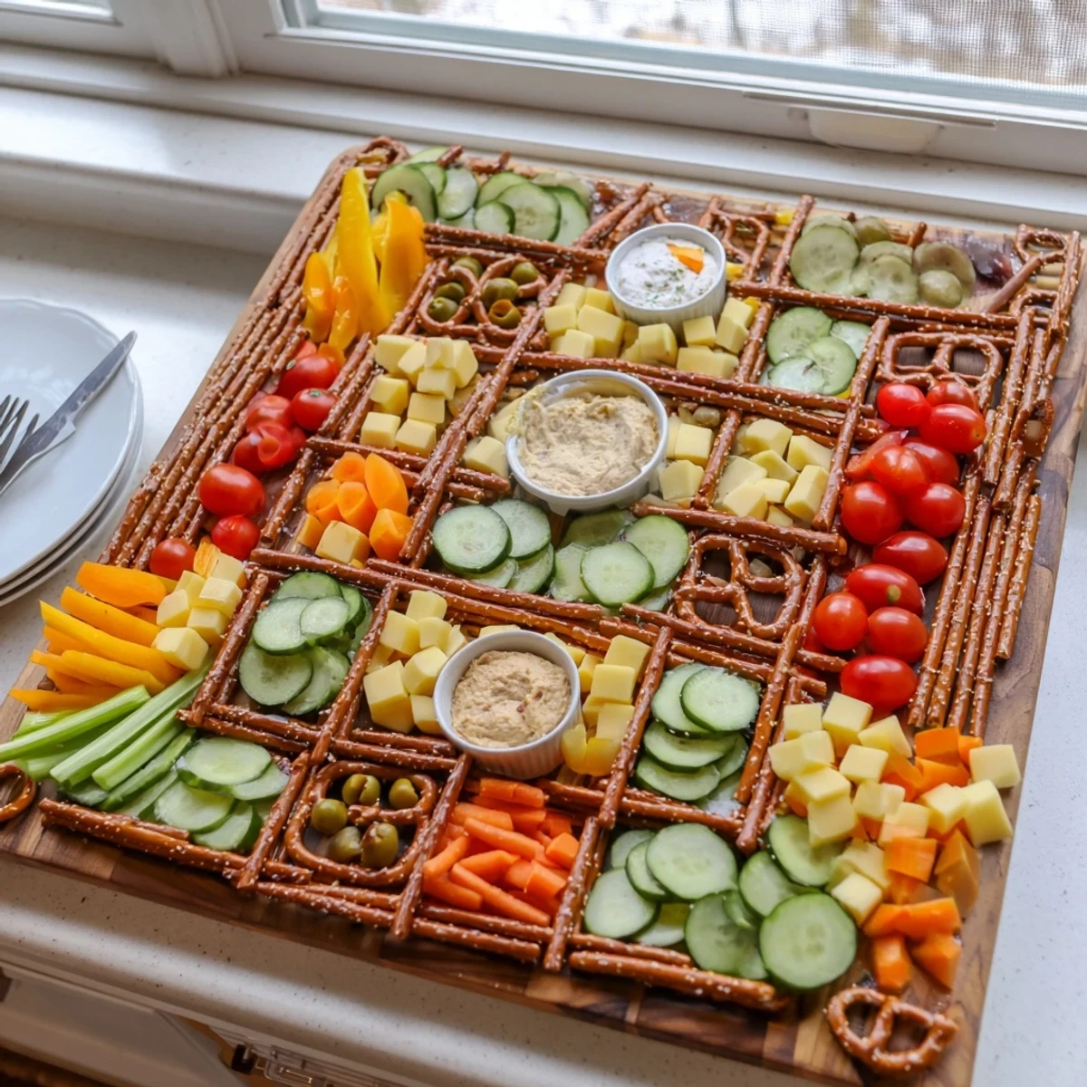 Pretzel-lined city grid of delicious Urban Grid ingredients, ready for party snacking and dipping pleasure.