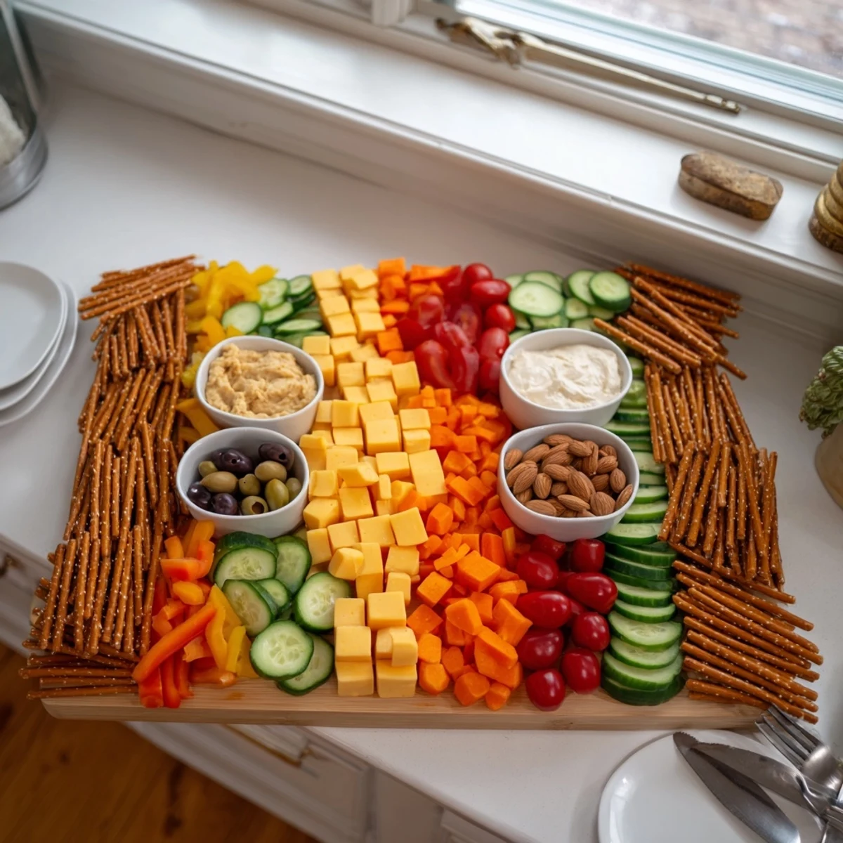 The Urban Grid snack platter offers an interactive experience with cheese, meat, and veggie city blocks.