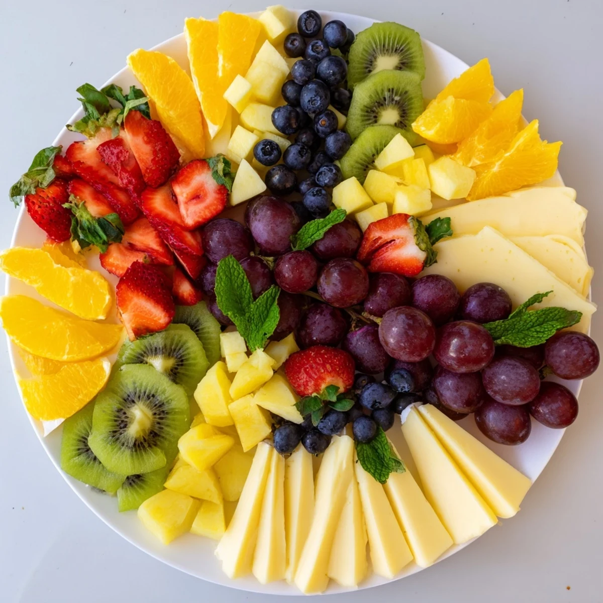 A close-up shot of the "Kaleidoscope Circle" fruit and cheese board, ready to serve at that sophisticated party.