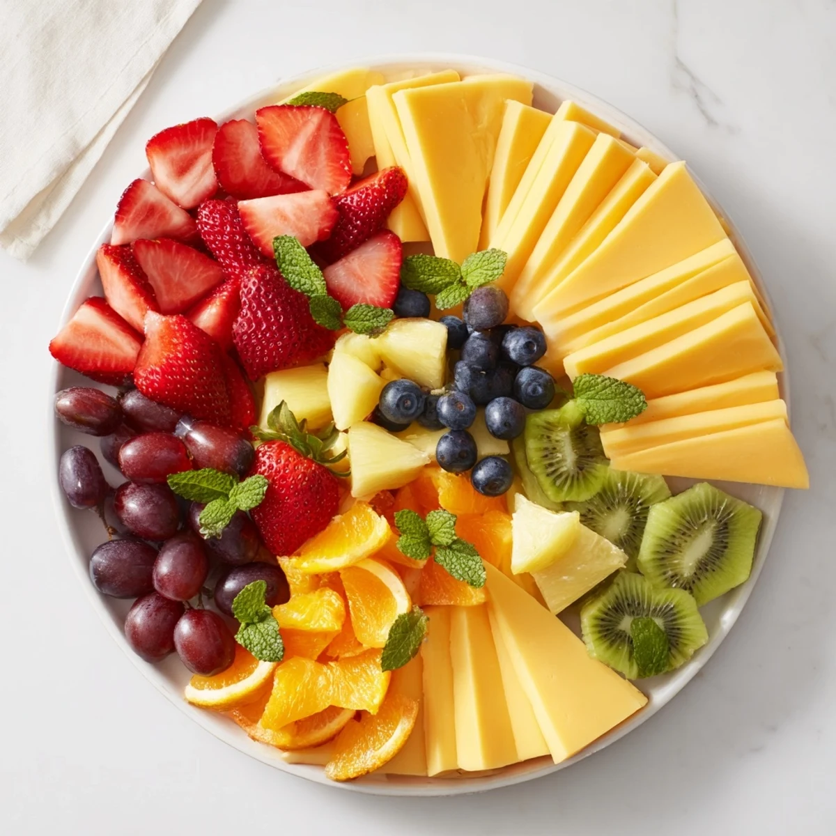 Vibrant "Kaleidoscope Circle" appetizer platter with colorful fruits and assorted cheeses arranged in a mesmerizing pattern.