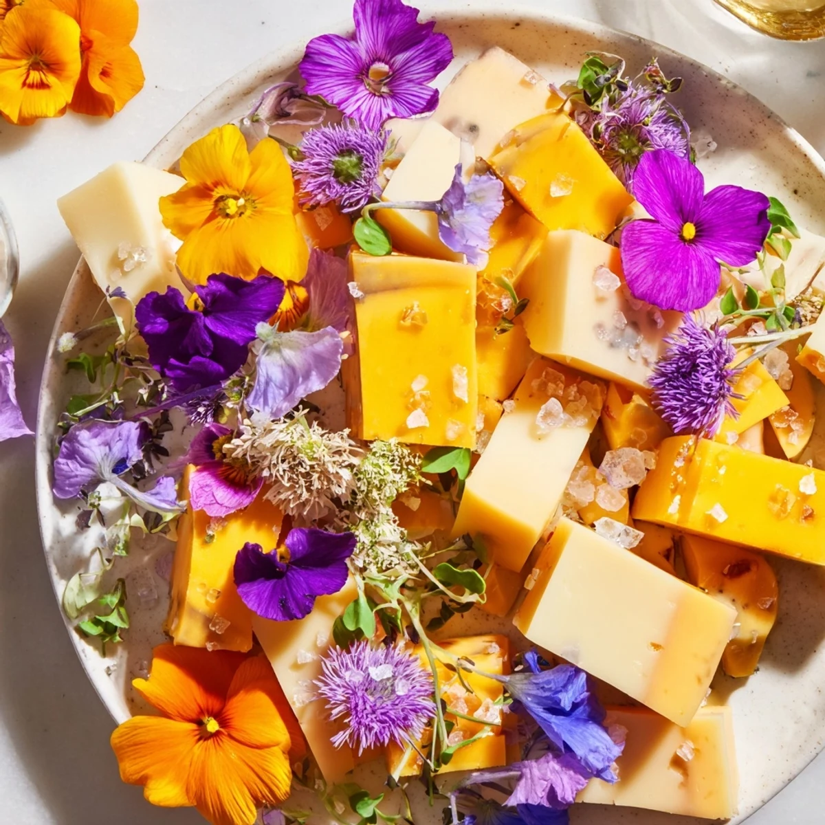 A vibrant photo showcases The Secret Garden appetizer, cheese cubes hidden under edible blooms.