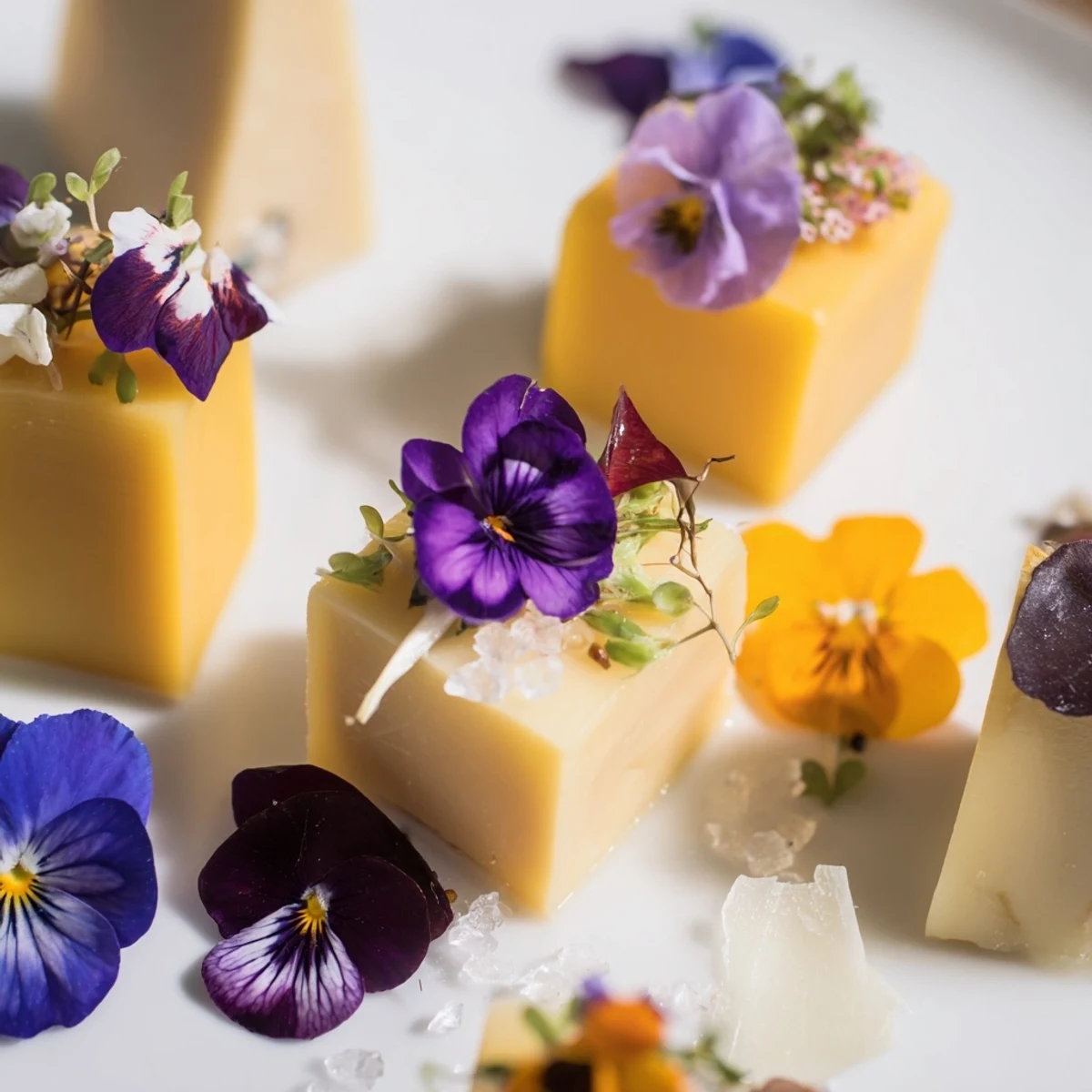 The Secret Garden appetizer features colorful flowers artfully arranged with various cheese cubes to eat.