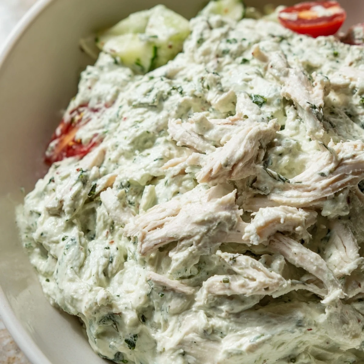 A close-up of Green Goddess Chicken Nacho Dip; imagine vibrant green dip with chicken and crisp tortilla chips.