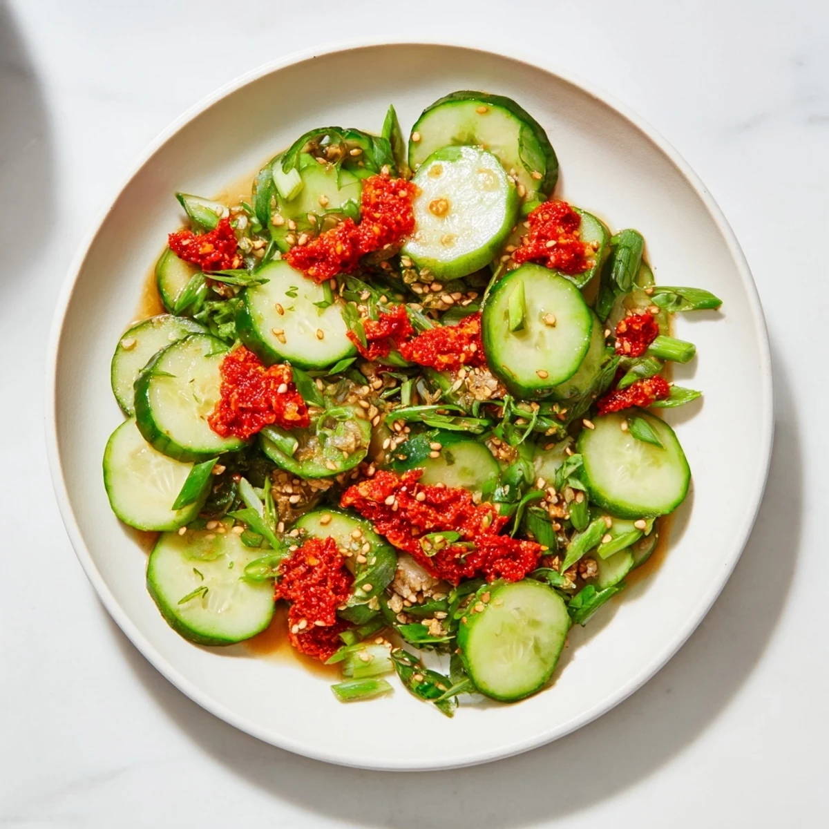 Bright green cucumbers and scallions shine in this easy, flavorful Cucumber Shaker Salad.