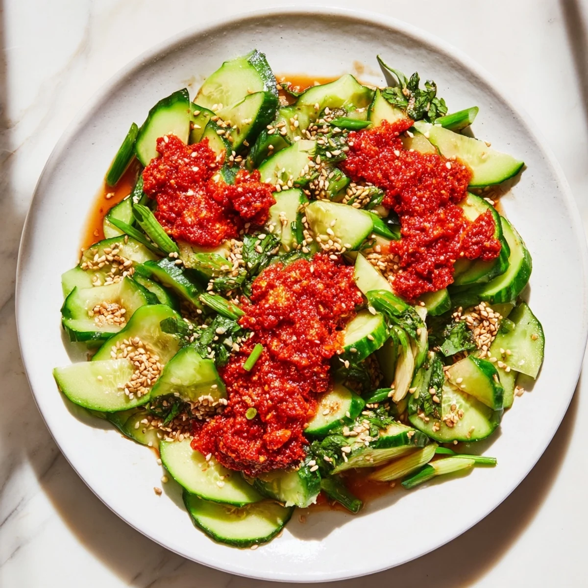 A close-up view of the addictive Cucumber Shaker Salad topped with sesame seeds and chili oil.