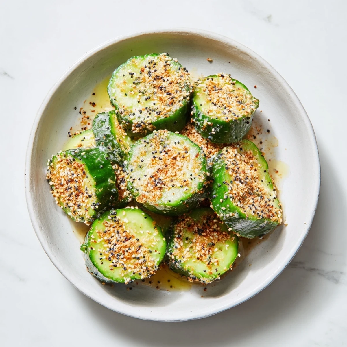 Crisp, seasoned Cucumber Shaker with everything bagel seasoning, ready to enjoy as a light, refreshing snack.
