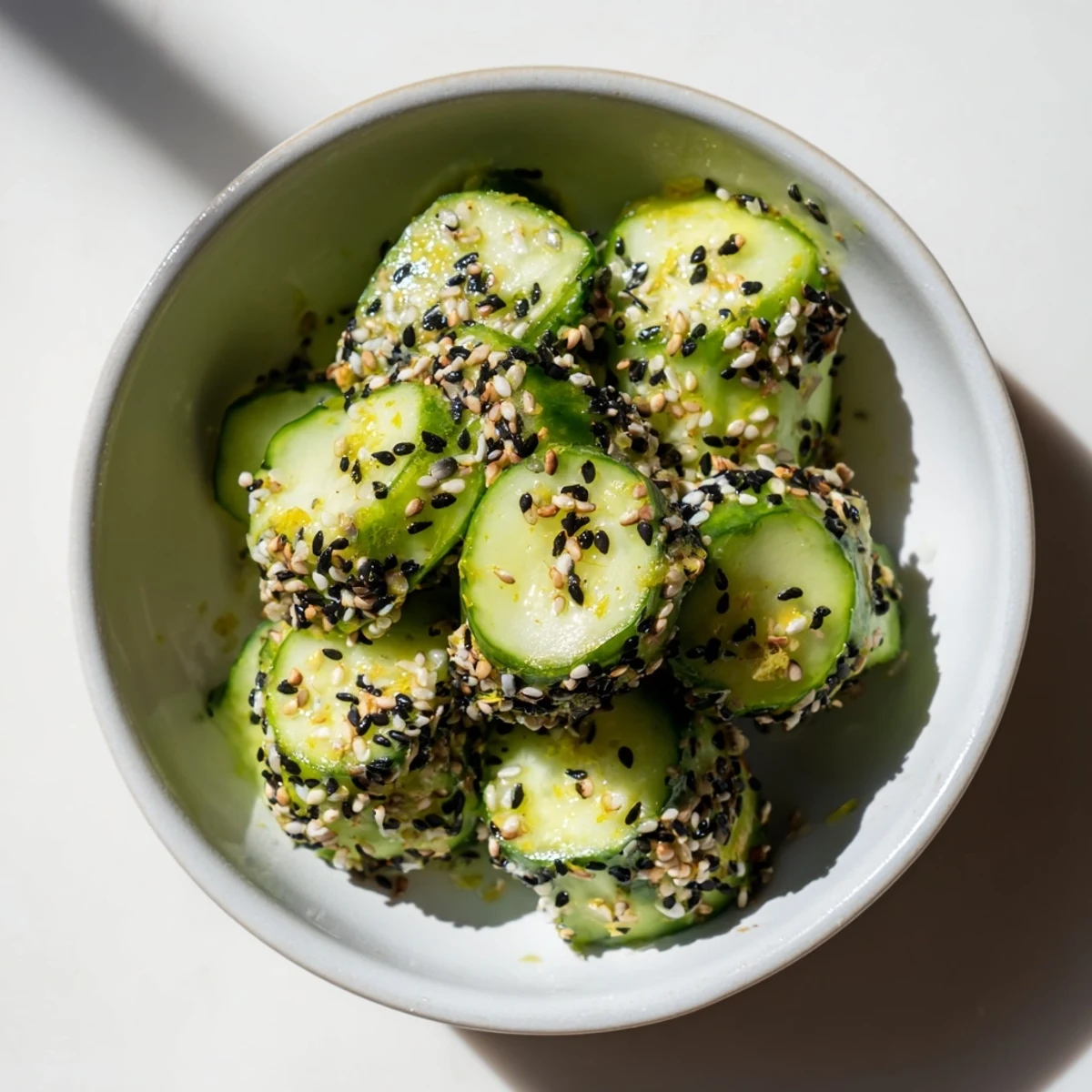 Vibrant photo of a quick Cucumber Shaker recipe, coated in savory everything bagel seasoning for a tasty bite.