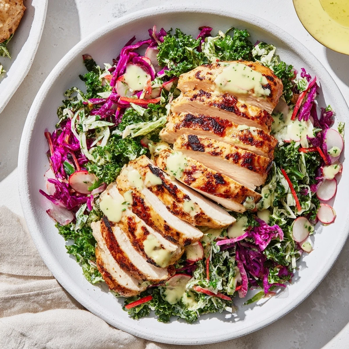 Green Goddess Cabbage Slaw with grilled chicken, a flavorful and healthy main course, ready to eat.