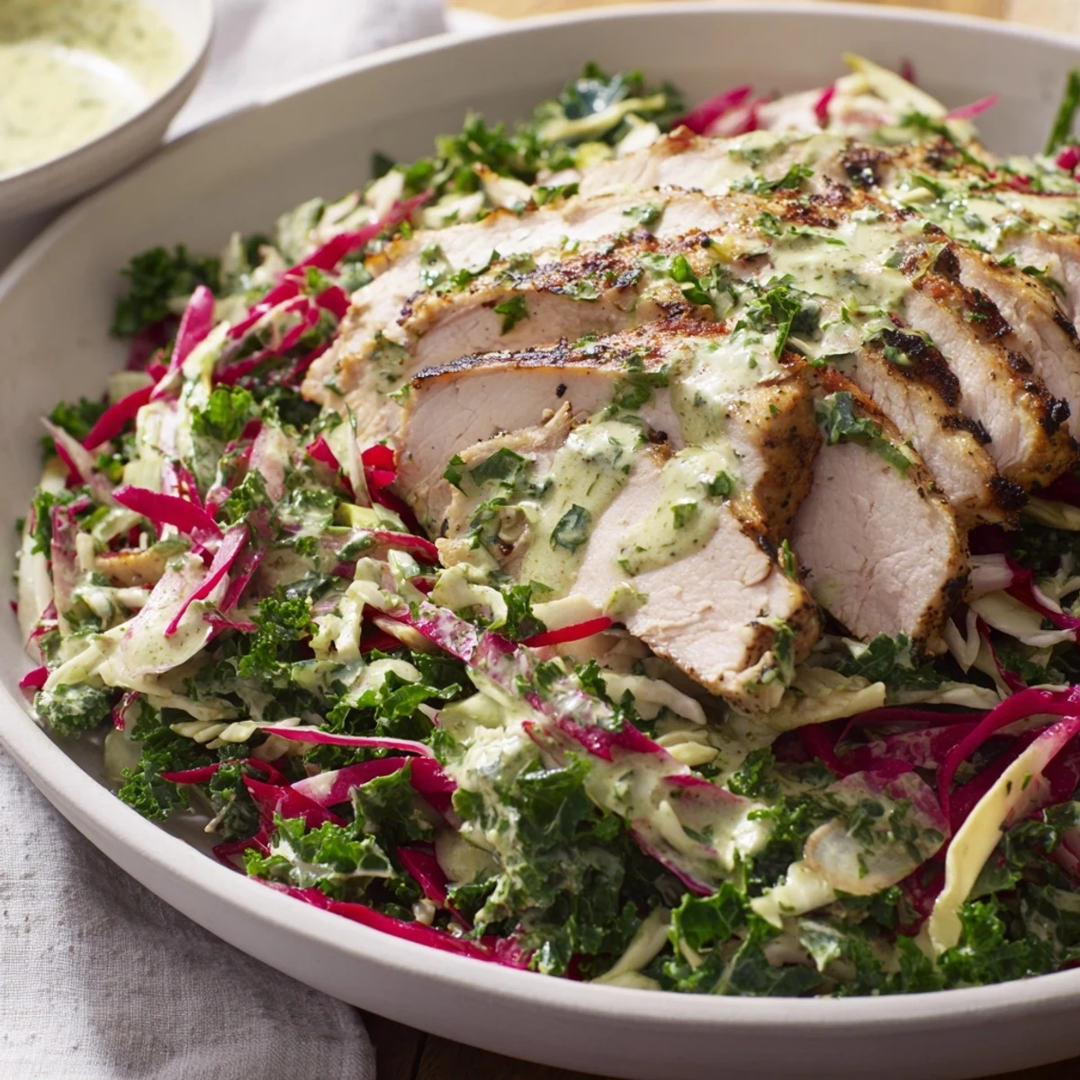 Freshly grilled chicken atop a colorful Green Goddess Cabbage Slaw, bursting with crisp textures and vibrant flavors.