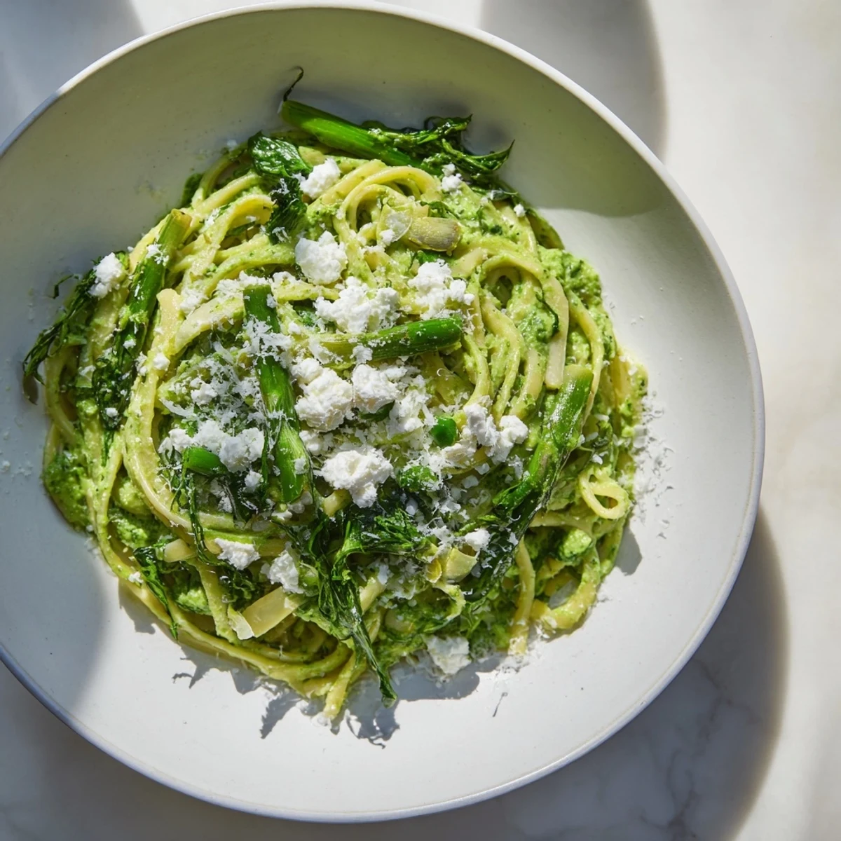 A close-up of creamy green goddess pasta sauce clinging to al dente noodles, bursting with fresh flavors.