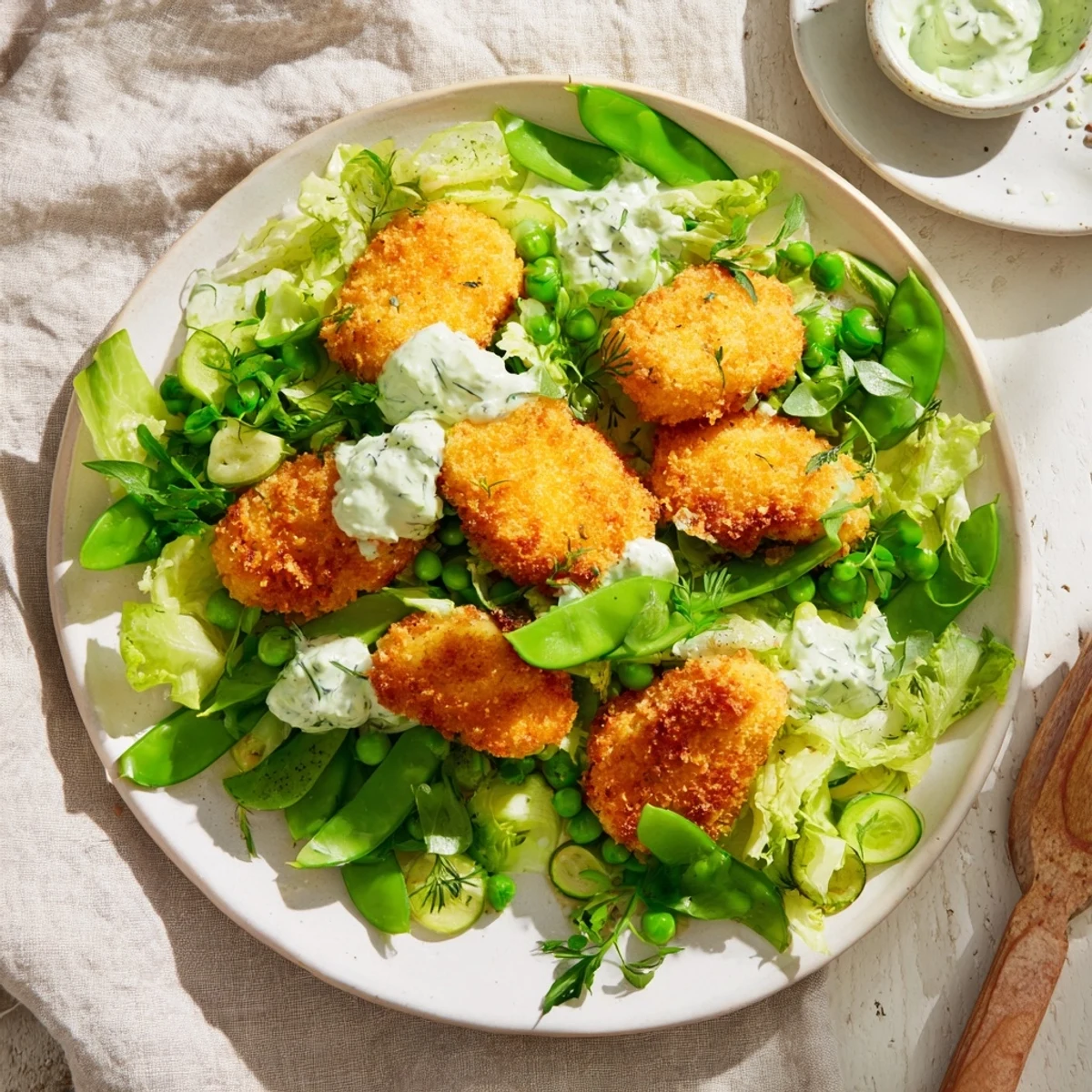 A colorful Green Goddess Nugget Salad with crispy air-fried nuggets rests on a bed of fresh greens.