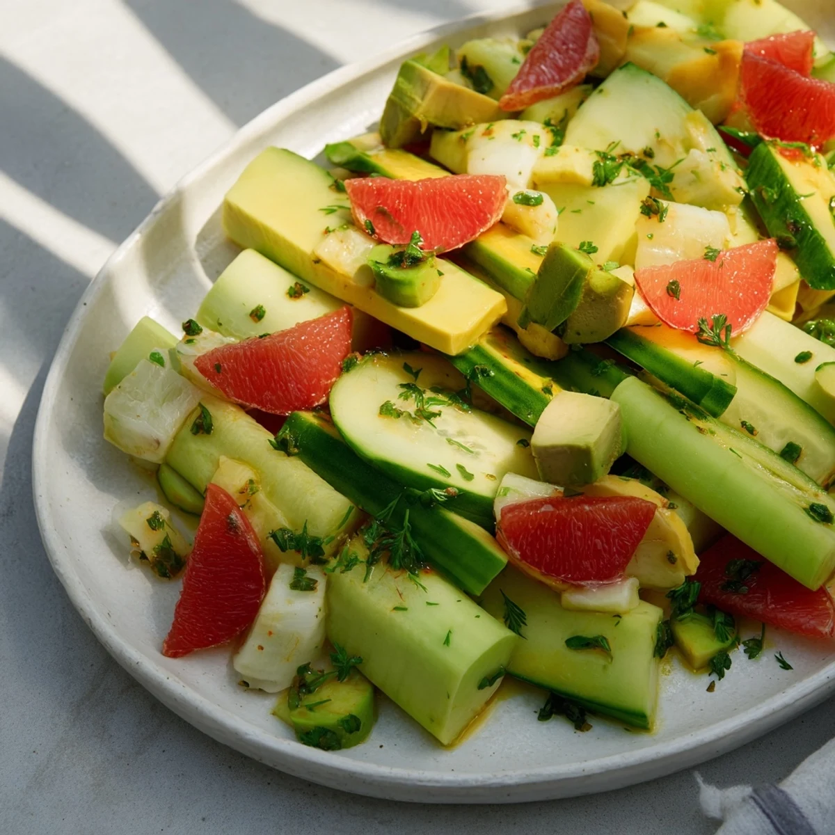 Vibrant Cucumber and Tinned Fish Date Night Salad with creamy avocado, ready to serve, a romantic meal.