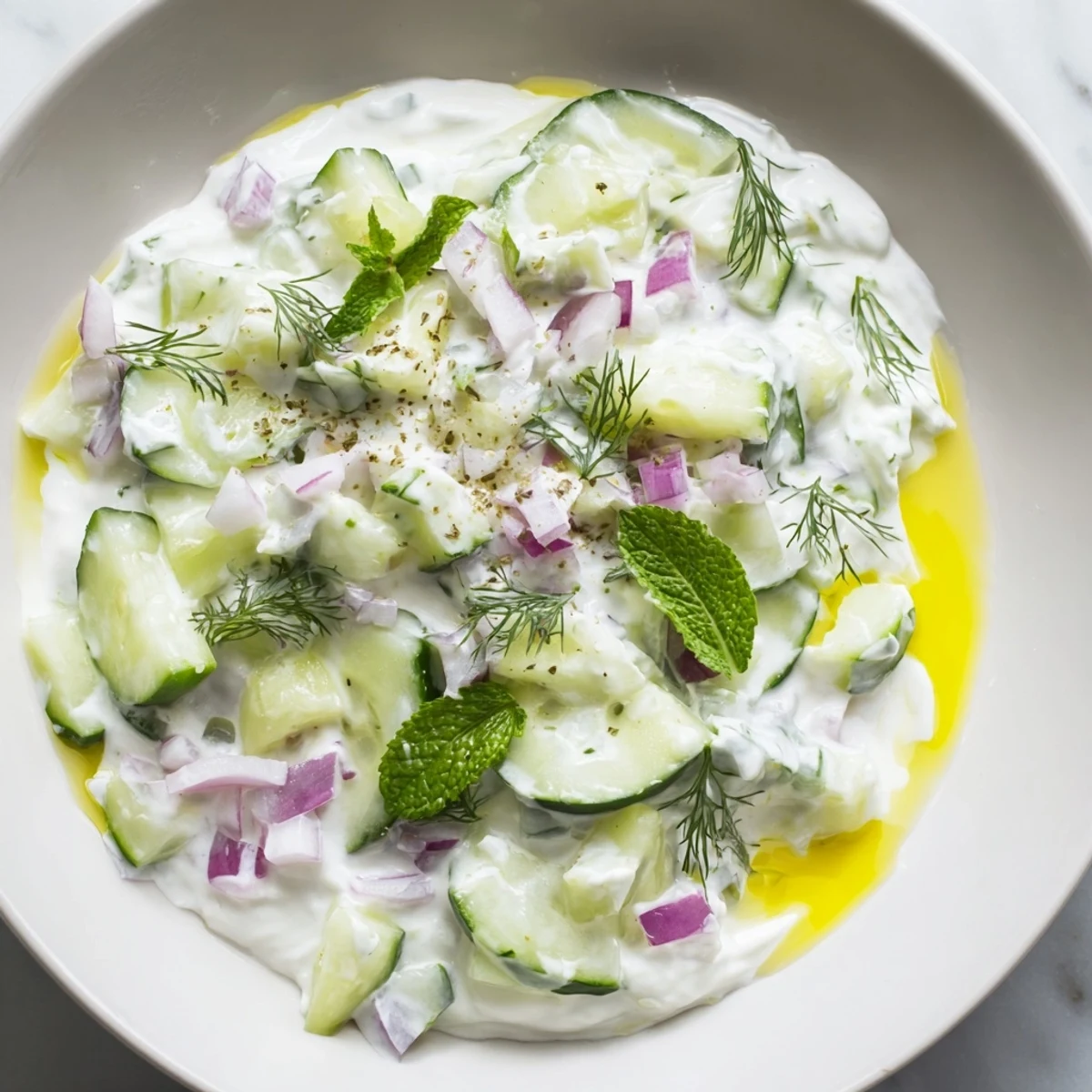 Close-up of a refreshing Cucumber and Greek Yogurt Tzatziki Salad, garnished with fresh dill.