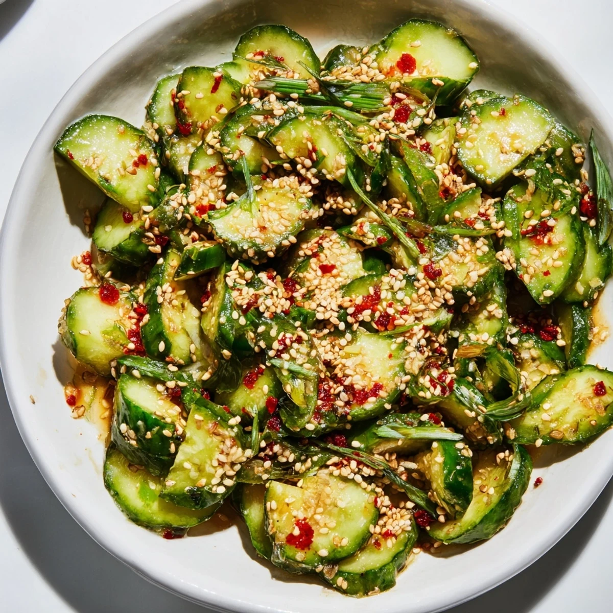 A bowl of bright Cucumber Shaker, boasting umami flavor and sprinkled with toasted sesame seeds.