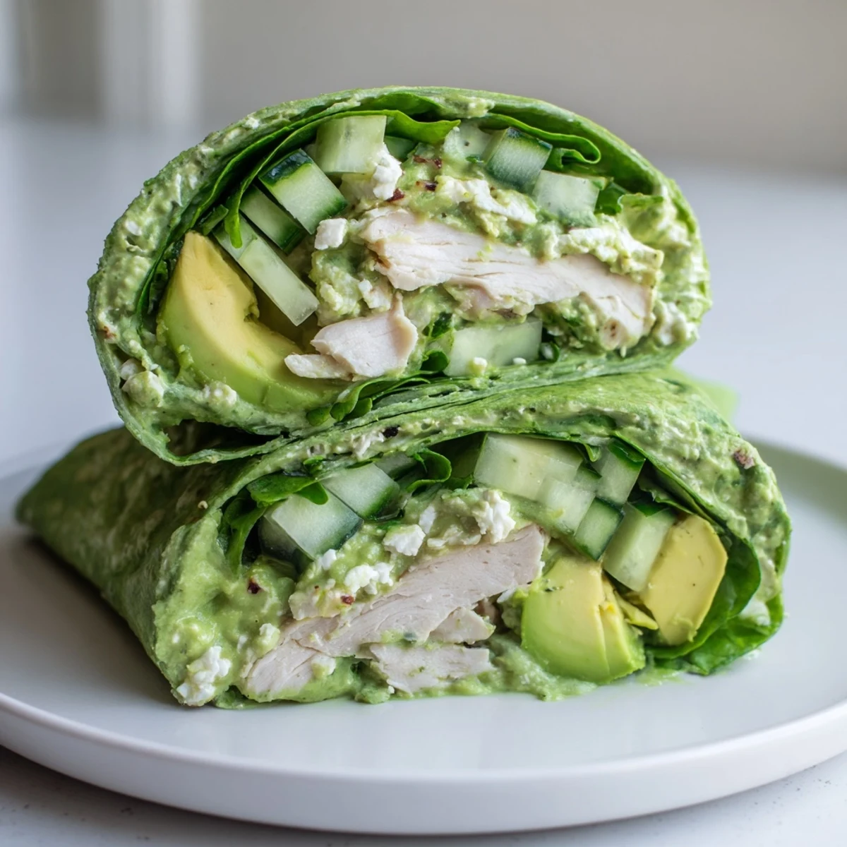 Vibrant Green Goddess Wellness Wrap with juicy chicken, veggies, and creamy dressing, perfect for lunch.